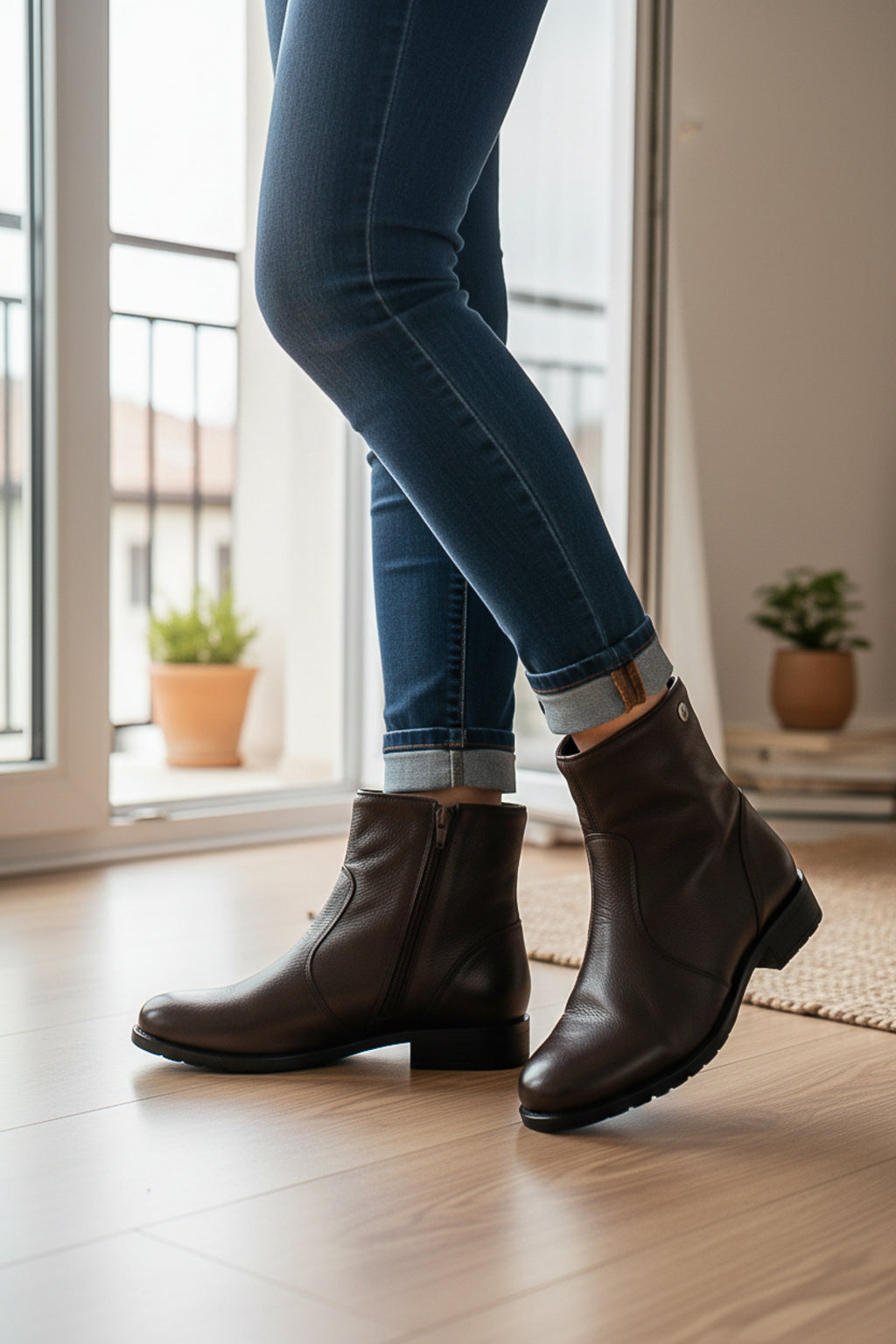 Bota cano curto em couro com zíper  0302