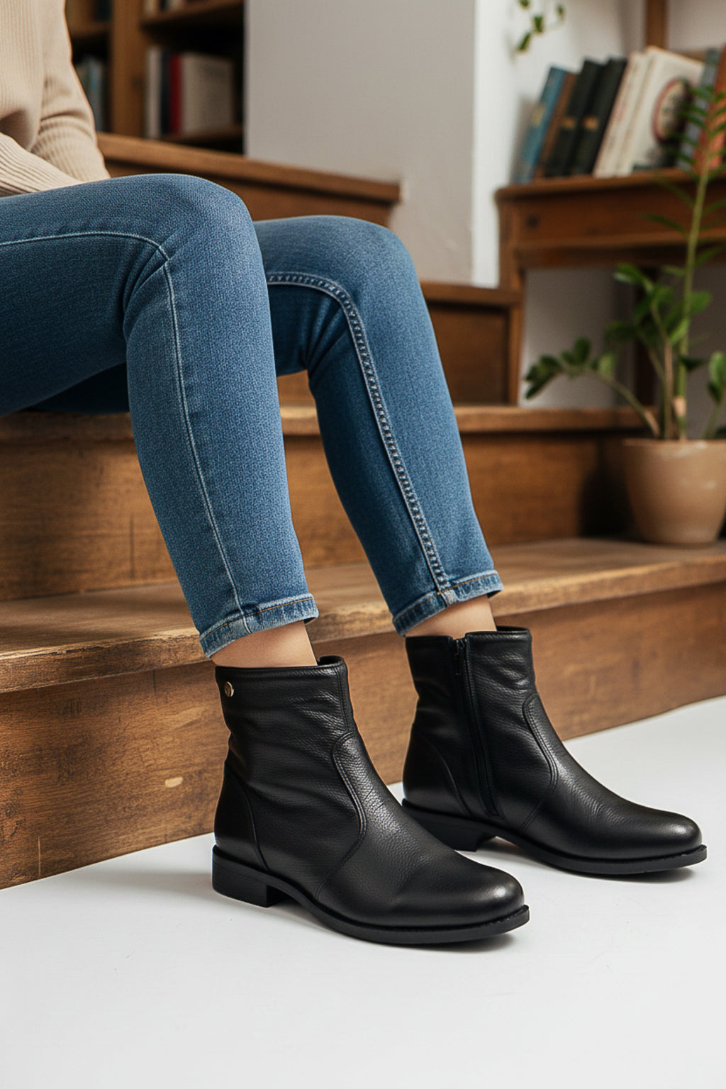 Bota cano curto em couro com zíper  0302
