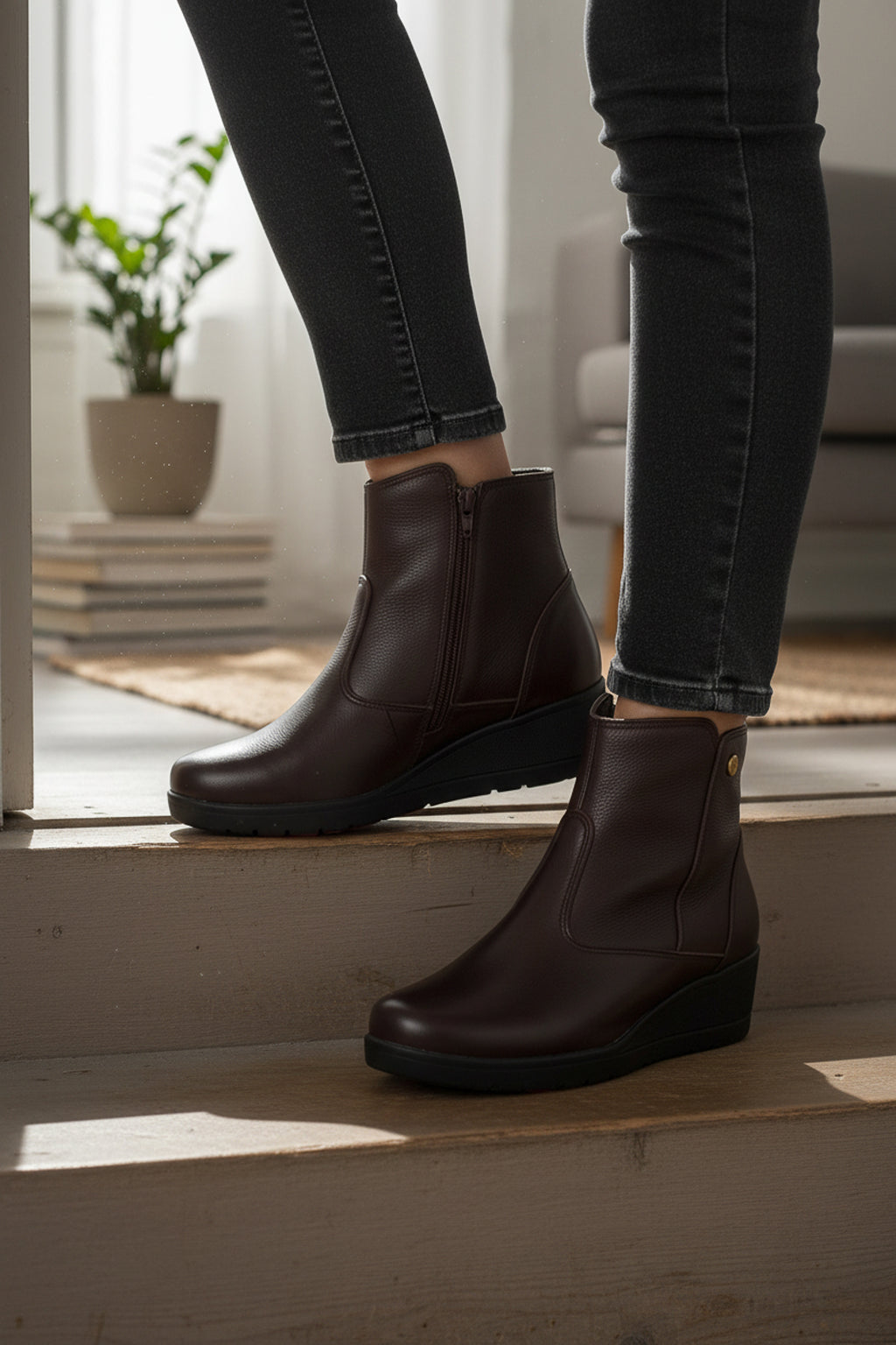 Bota de couro feminina cano curto salto anabela confort 0321