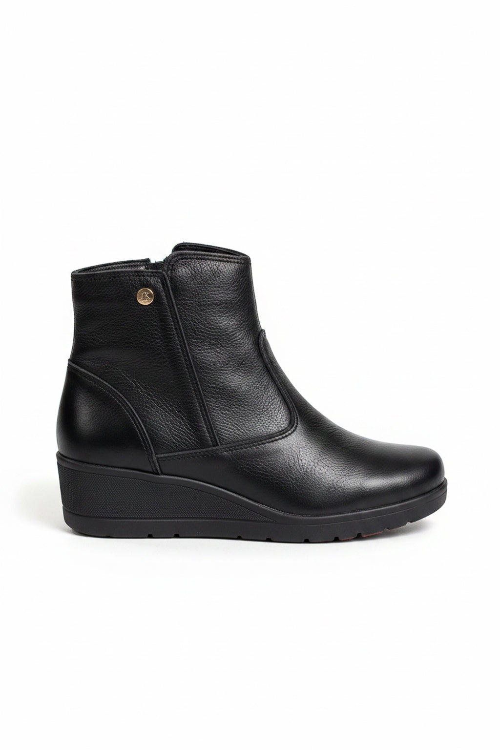 Bota de couro feminina cano curto salto anabela confort 0321