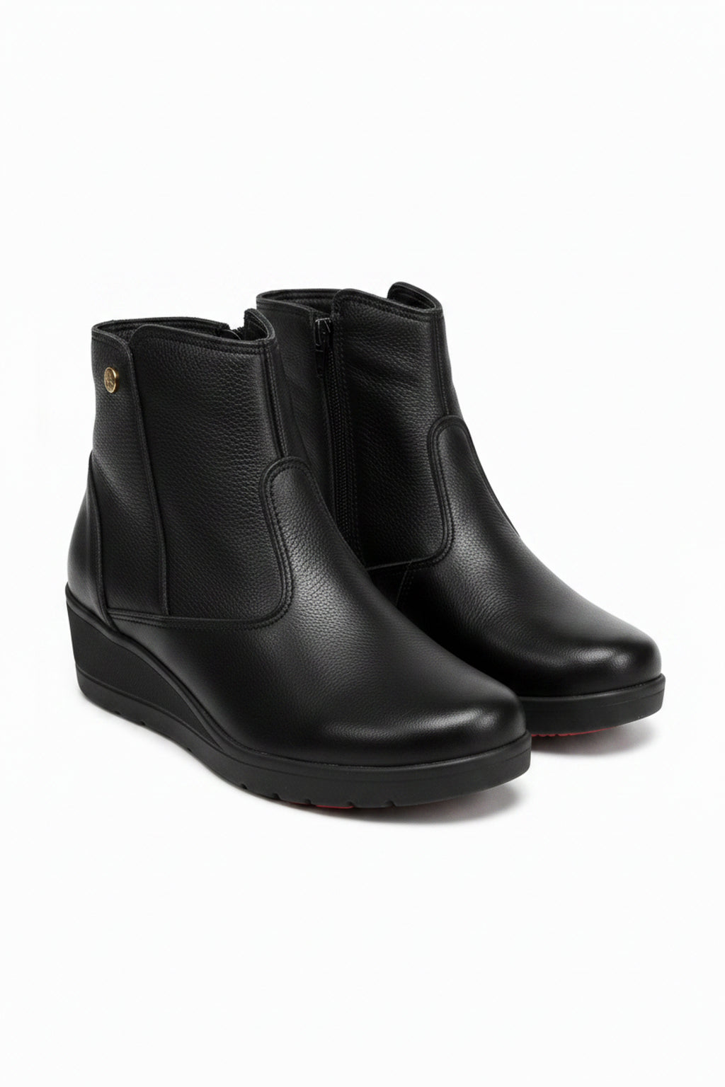 Bota de couro feminina cano curto salto anabela confort 0321