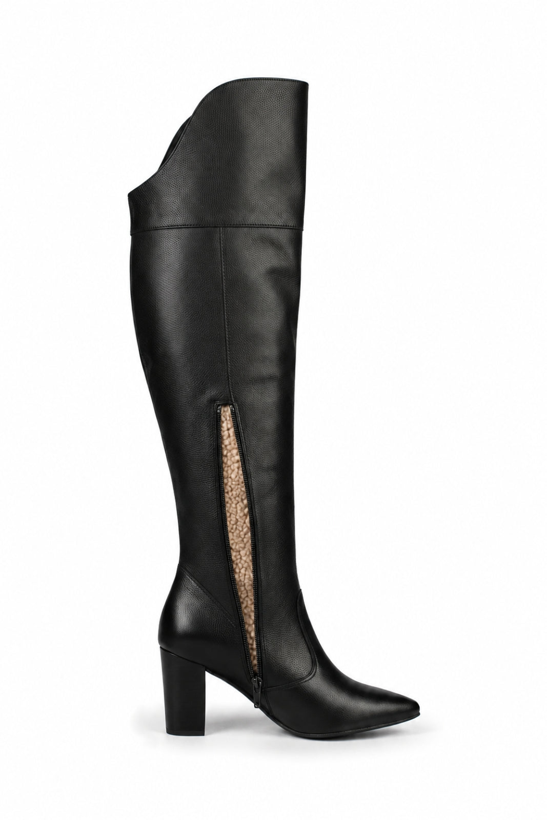 Bota feminina de couro over cano longo com  pelo e salto 6586P