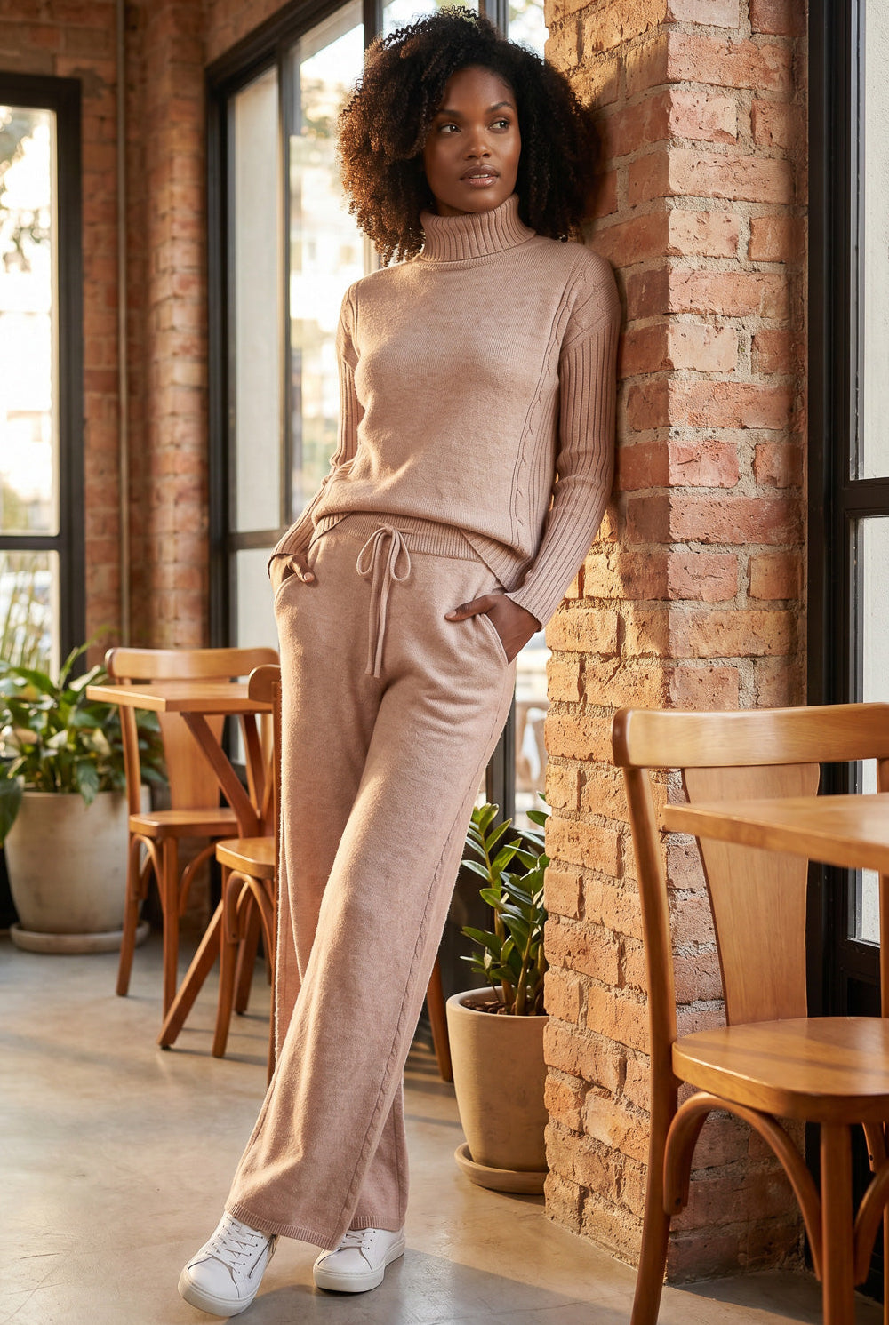 Conjunto feminino de tricô modal gola alta 61935