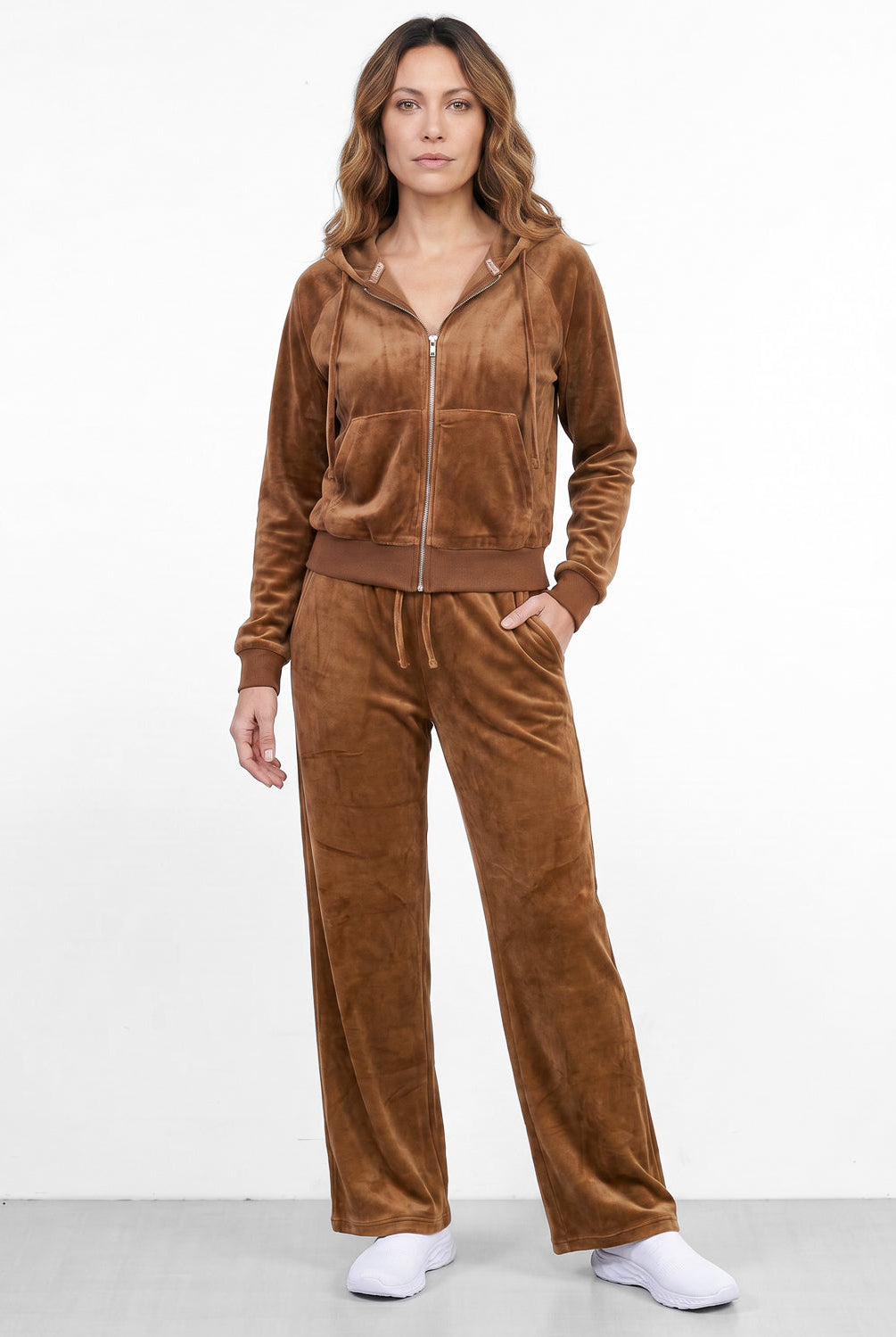 Conjunto feminino plush aveludado calça e jaqueta 61982