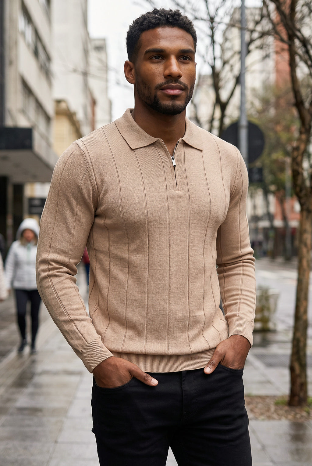 Blusa masculina manga longa gola polo com zíper 69627