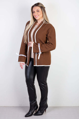 Casaco cardigan malha feminino detalhe fita 61609 - Enluaze - Vestuário e Acessórios em Couro Legítimo
