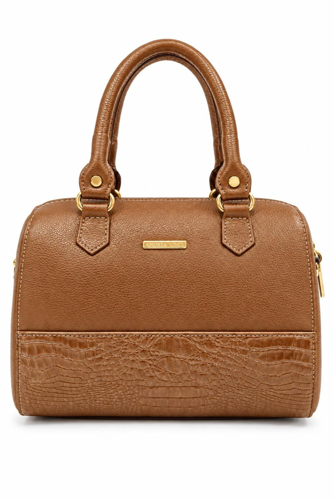 Bolsa baú de mão em couro liso Sthefani — Caramelo