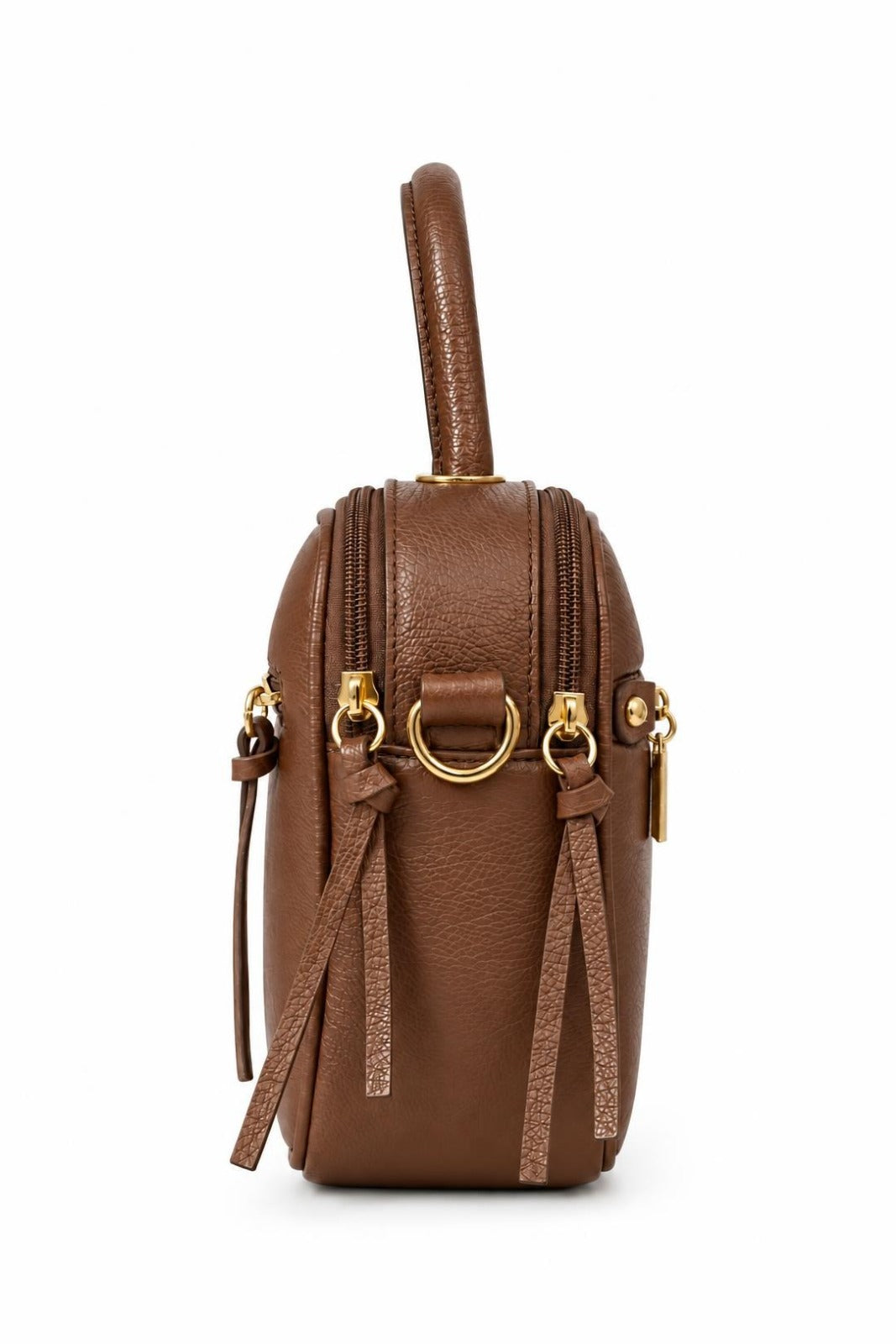 Bolsa baú pequena de couro liso transversal Catarina — Whisky