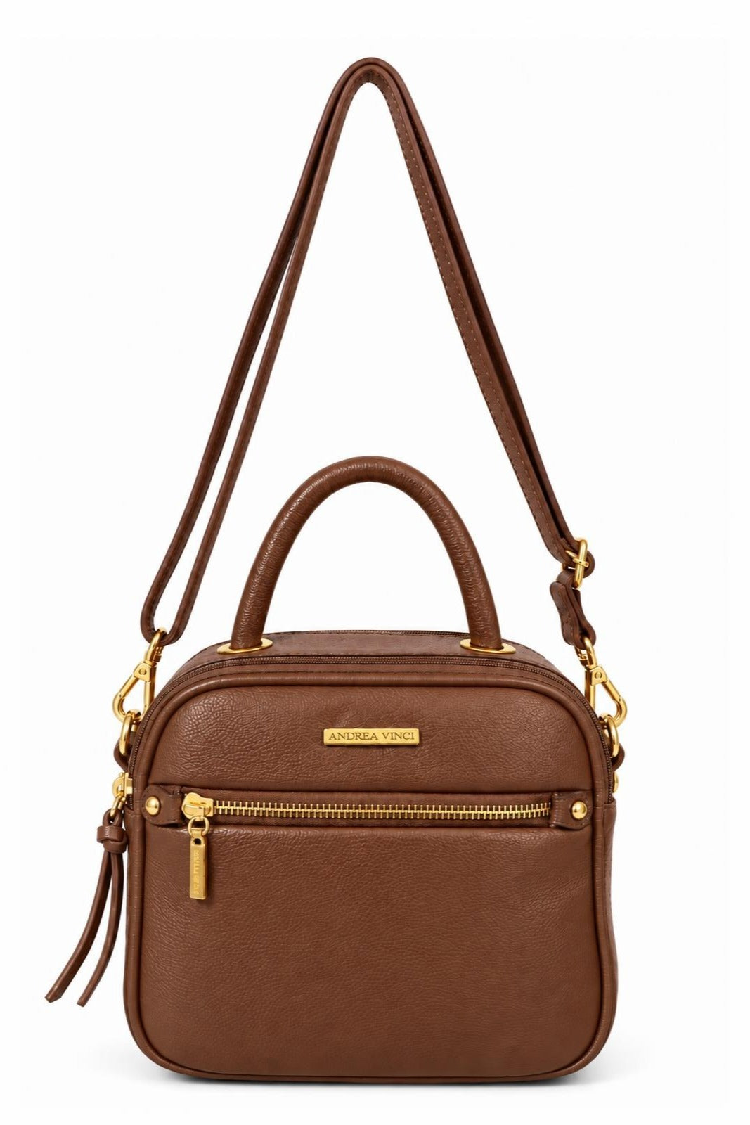 Bolsa baú pequena de couro liso transversal Catarina — Whisky
