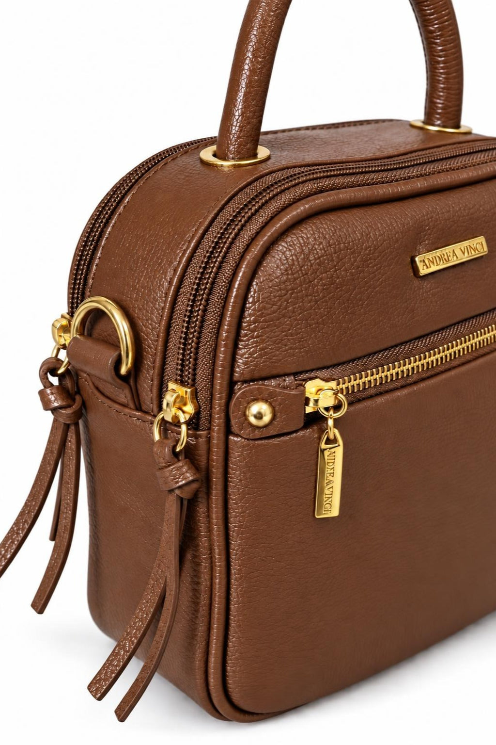 Bolsa baú pequena de couro liso transversal Catarina — Whisky