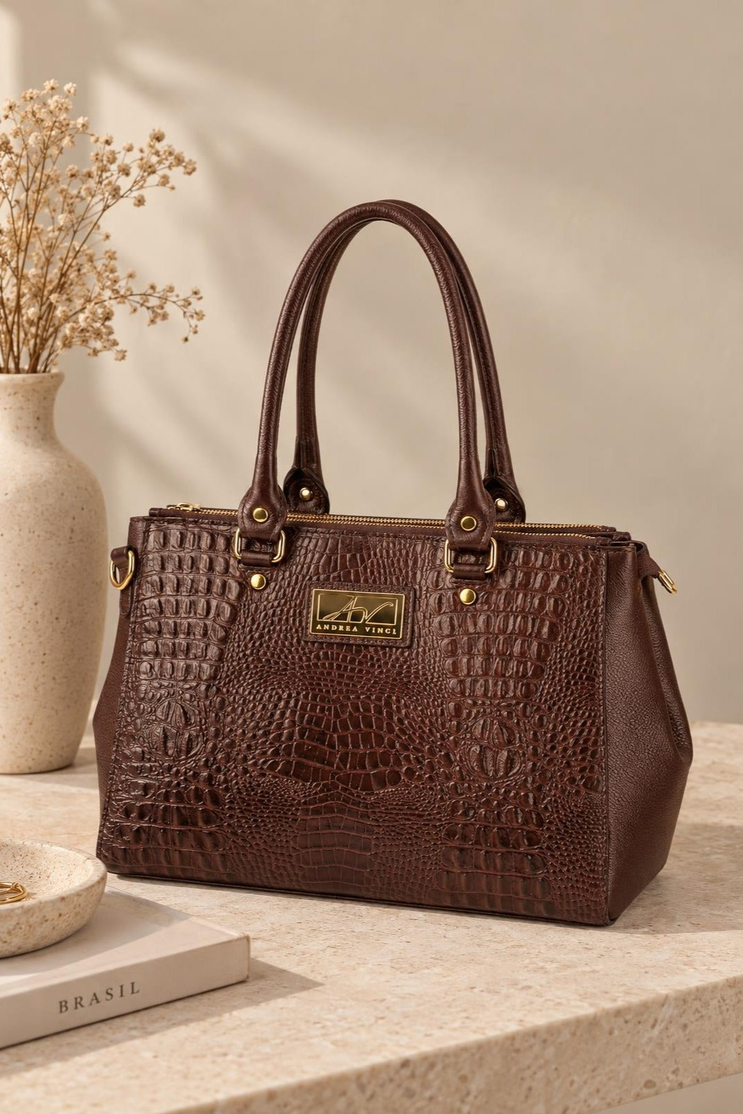 Bolsa de couro croco grande com divisórias Toffee — Descrição · foto 2