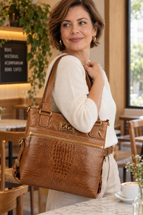 Bolsa de couro 2 em 1 croco Luiza — Caramelo