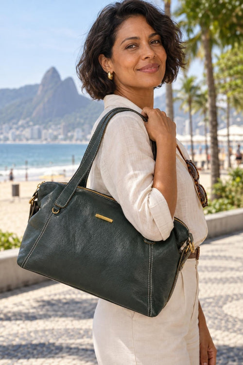 Bolsa de couro liso grande Aurora — Verde Militar