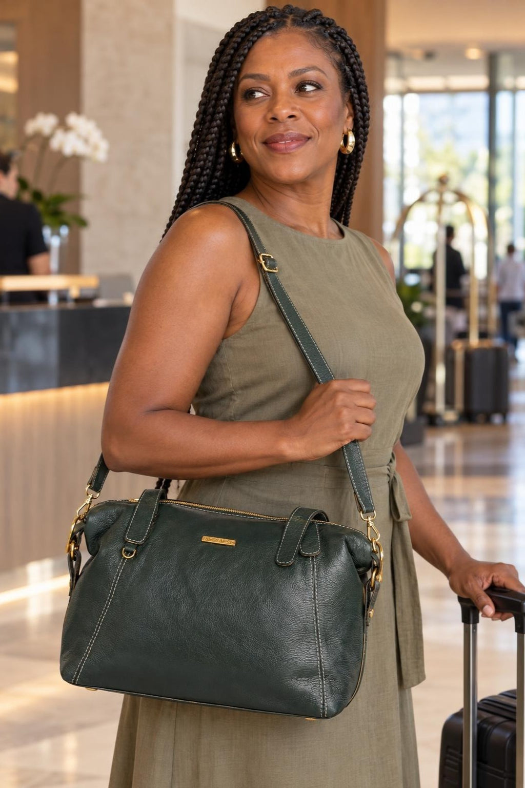 Bolsa de couro liso grande Aurora — Verde Militar