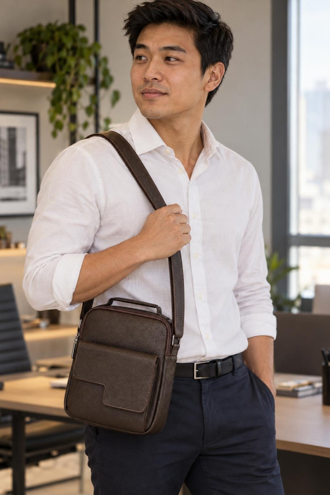 Bolsa tiracolo masculina em couro Diego — Descrição · foto 2