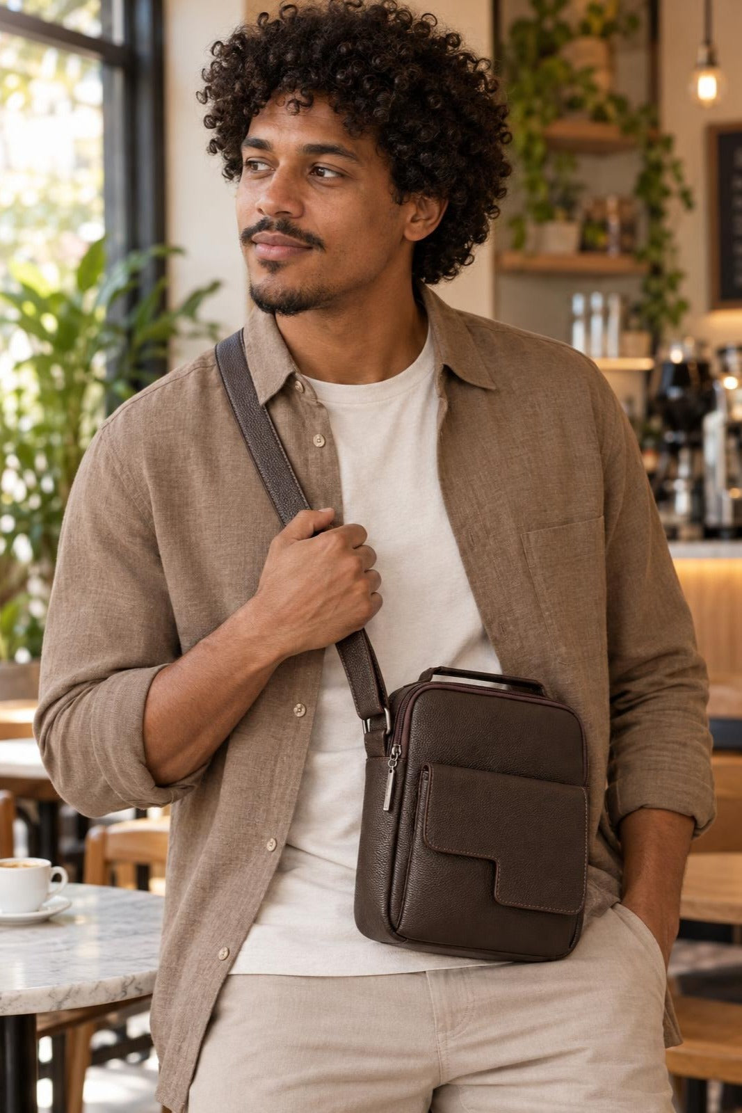 Bolsa tiracolo masculina em couro Diego — Café