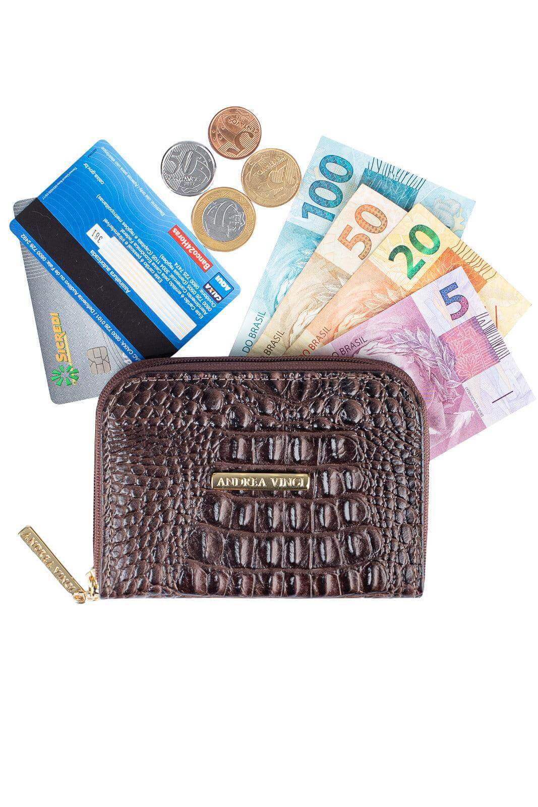 Carteira feminina de couro croco Kiara 10x13,5cm - Enluaze