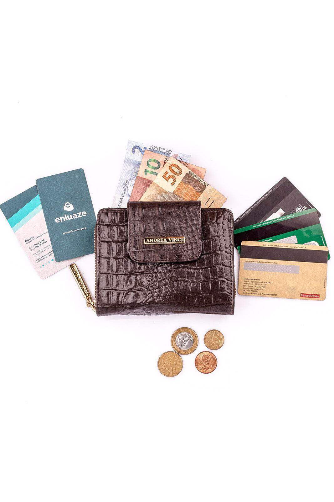 Carteira feminina de couro croco Lolla 10x13cm - Enluaze