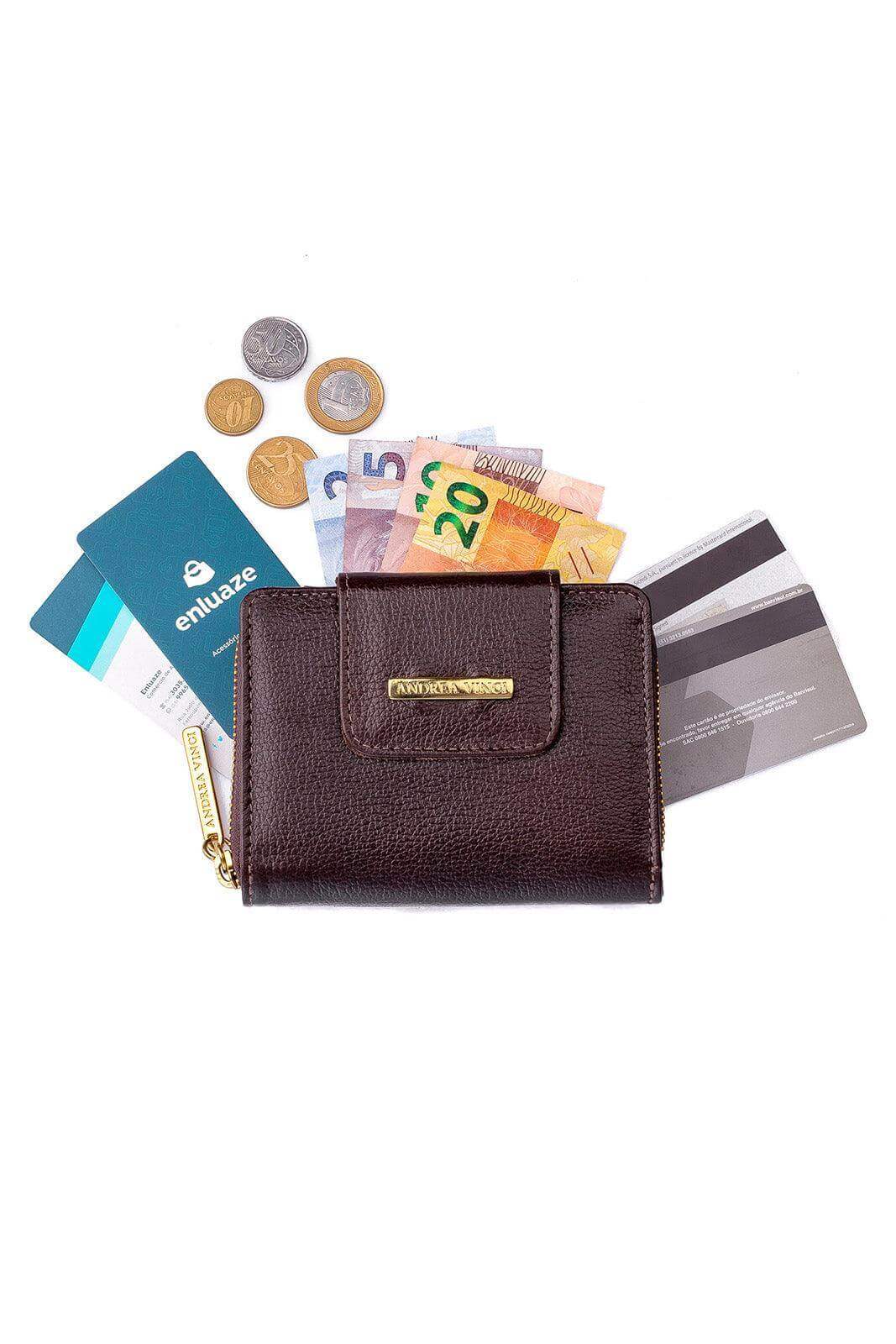 Carteira feminina de couro liso Lolla 10x13cm - Enluaze