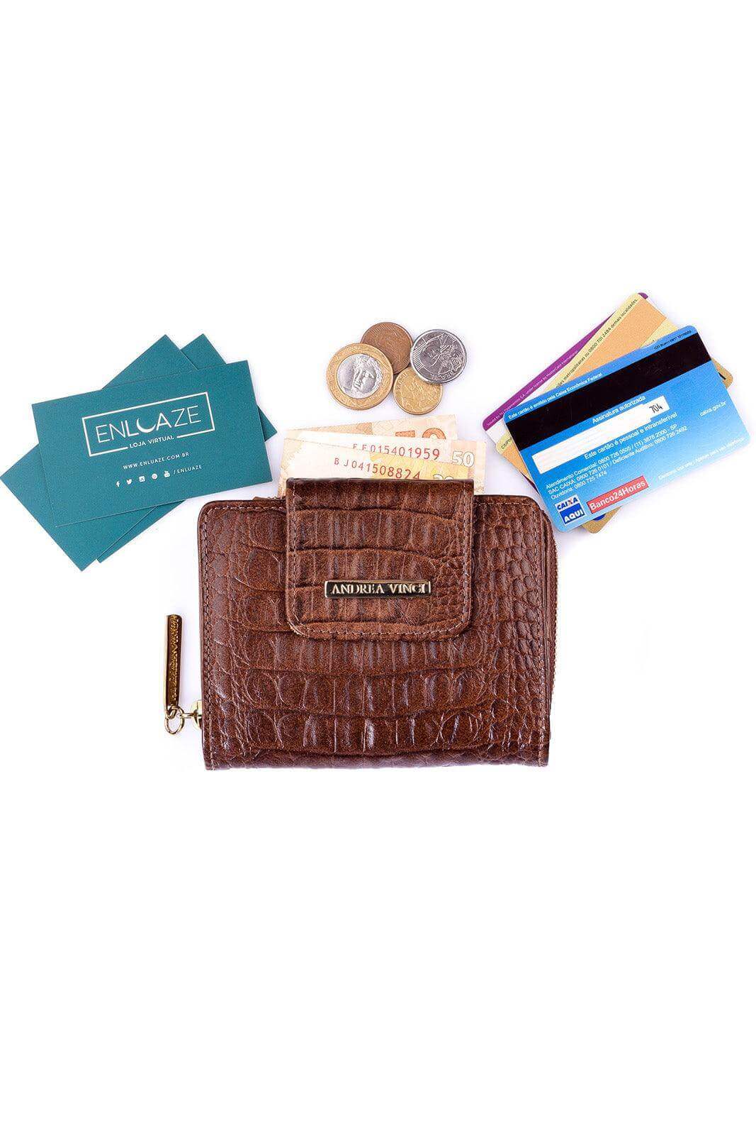 Carteira feminina de couro croco Lolla 10x13cm - Enluaze