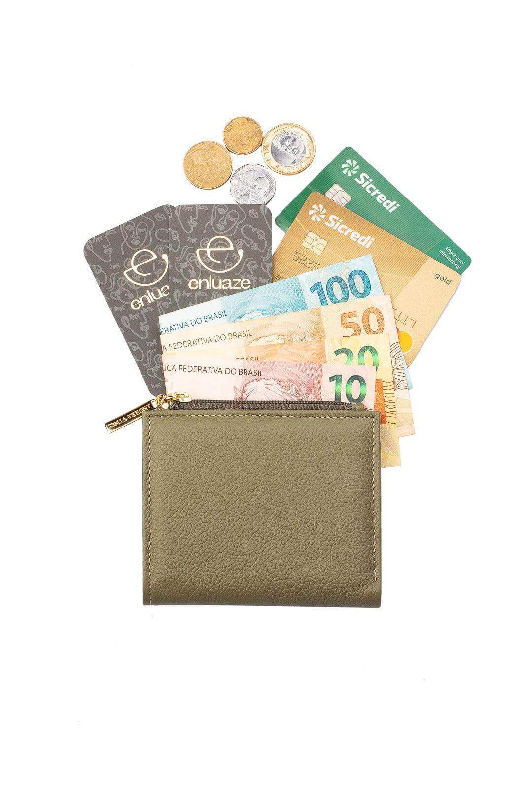 Carteira feminina de couro liso Lilian 11x9,5cm - Enluaze