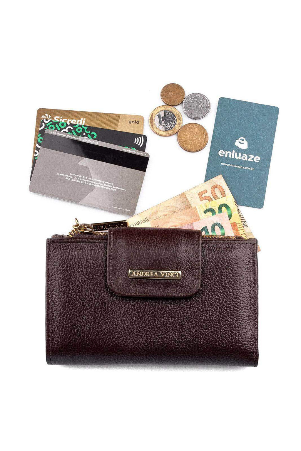 Carteira feminina de couro liso Lanna 10x15,5cm - Enluaze