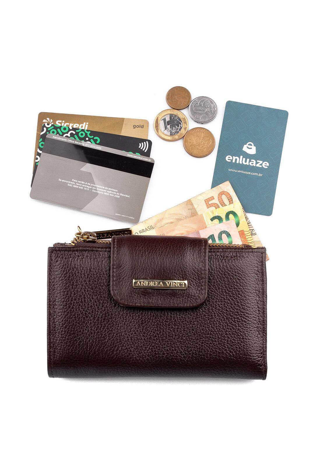 Carteira feminina de couro liso Lanna 10x15,5cm - Enluaze