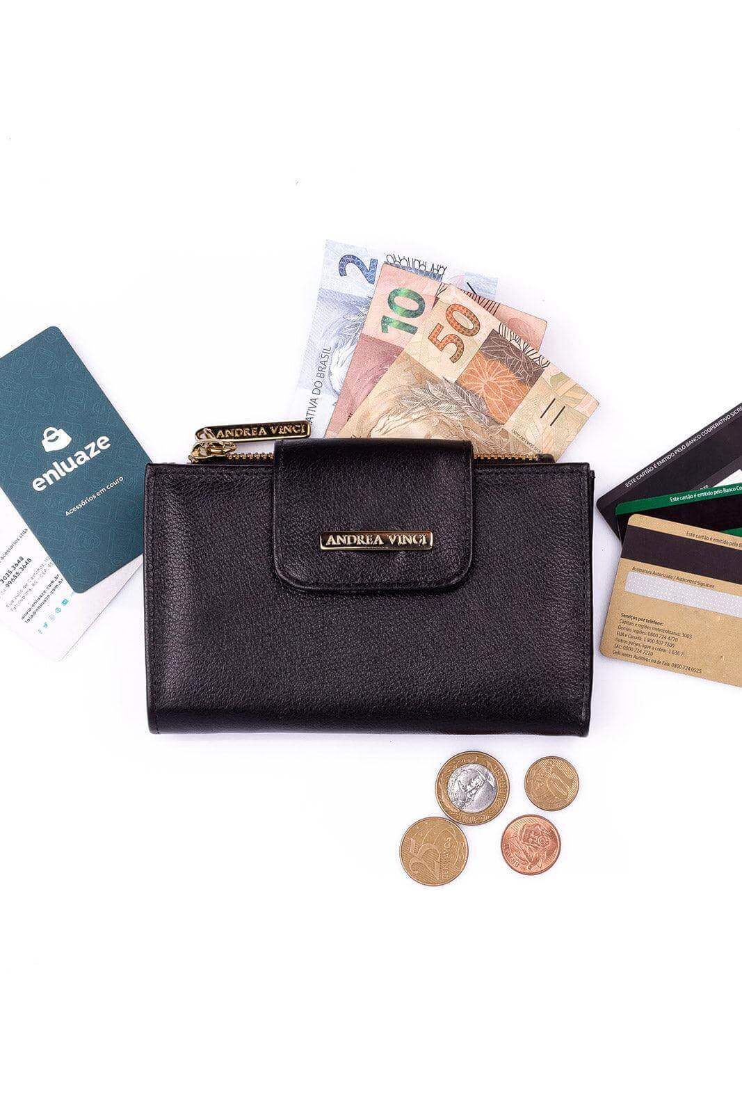 Carteira feminina de couro liso Lanna 10x15,5cm - Enluaze