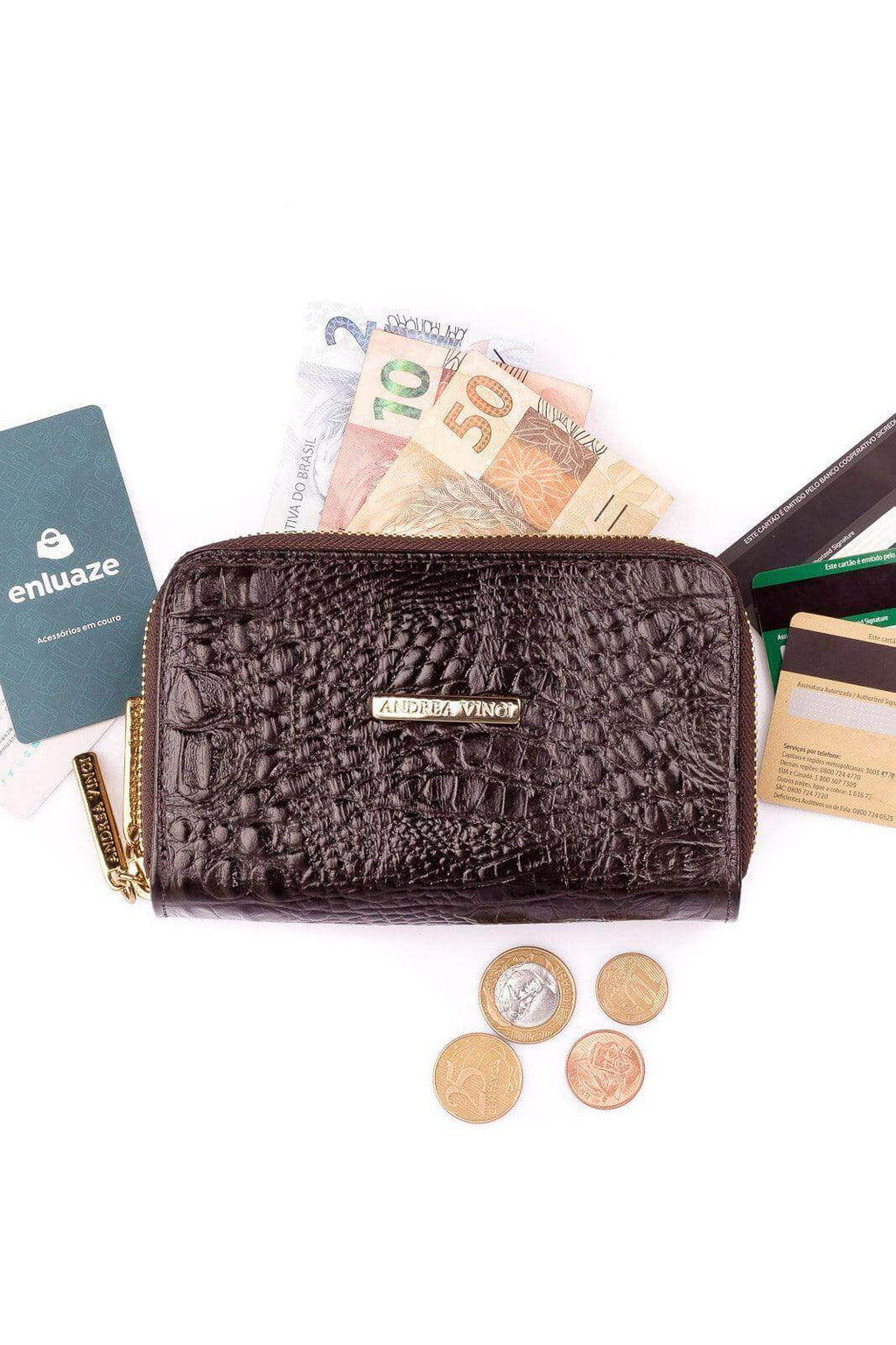 Carteira feminina de couro croco Martina 9,5x15,5cm - Enluaze