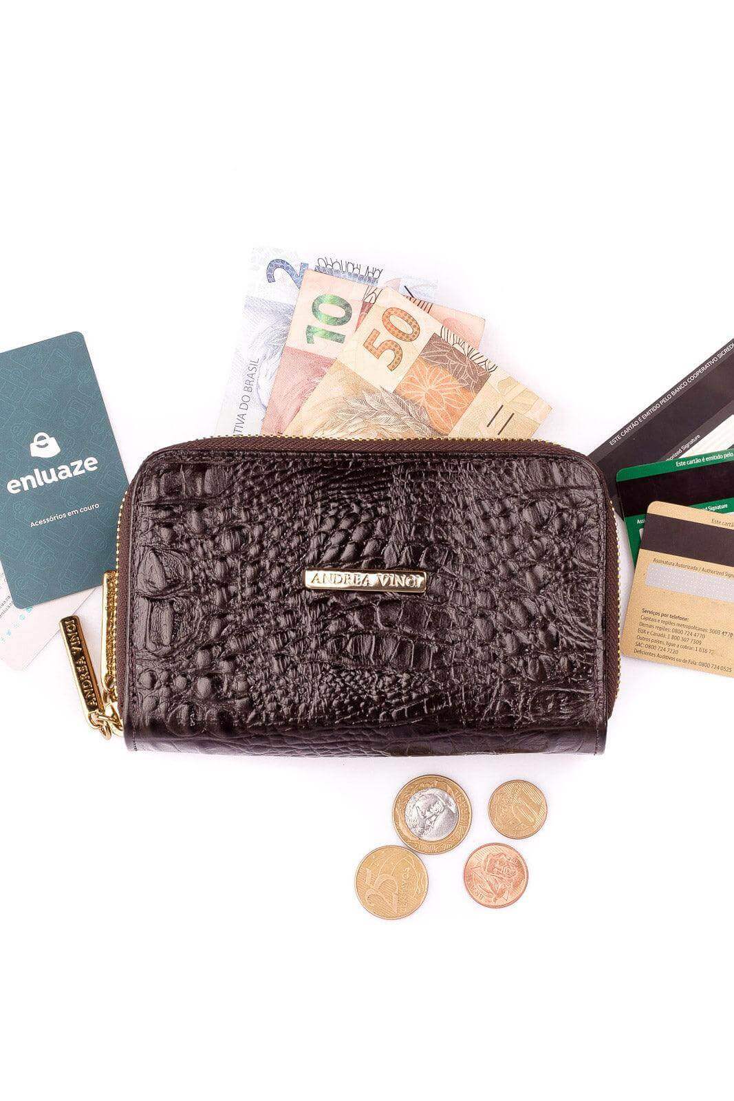Carteira feminina de couro croco Martina 9,5x15,5cm - Enluaze