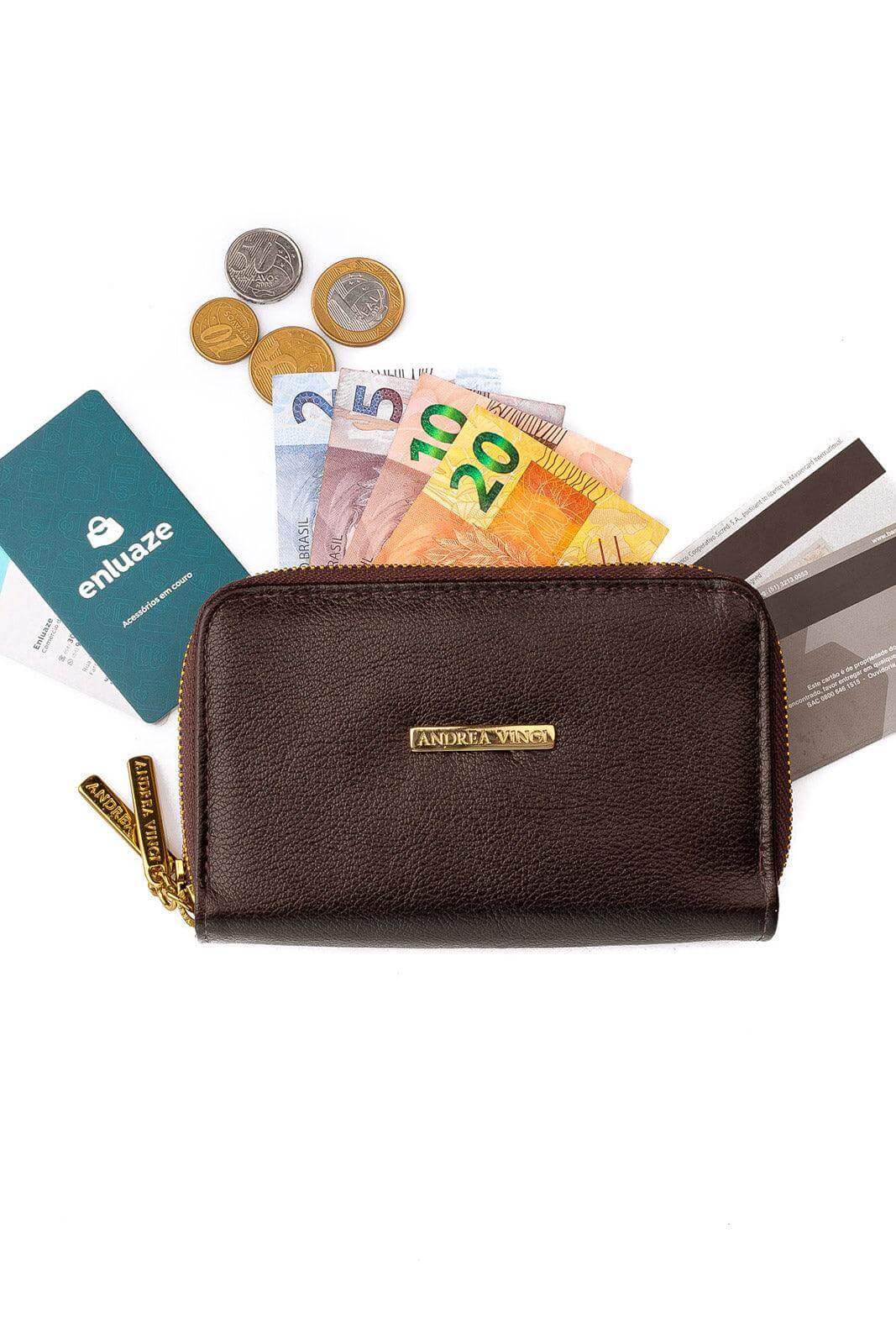 Carteira feminina de couro liso Martina 9,5x15,5cm - Enluaze