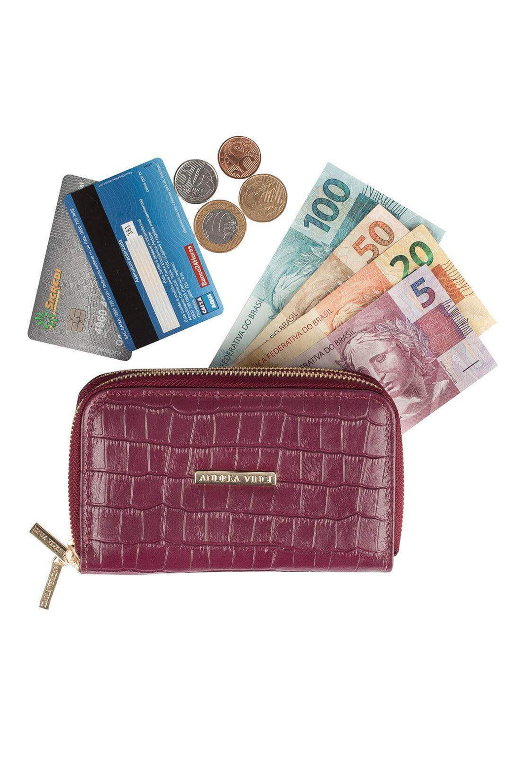 Carteira feminina de couro croco Martina 9,5x15,5cm - Enluaze