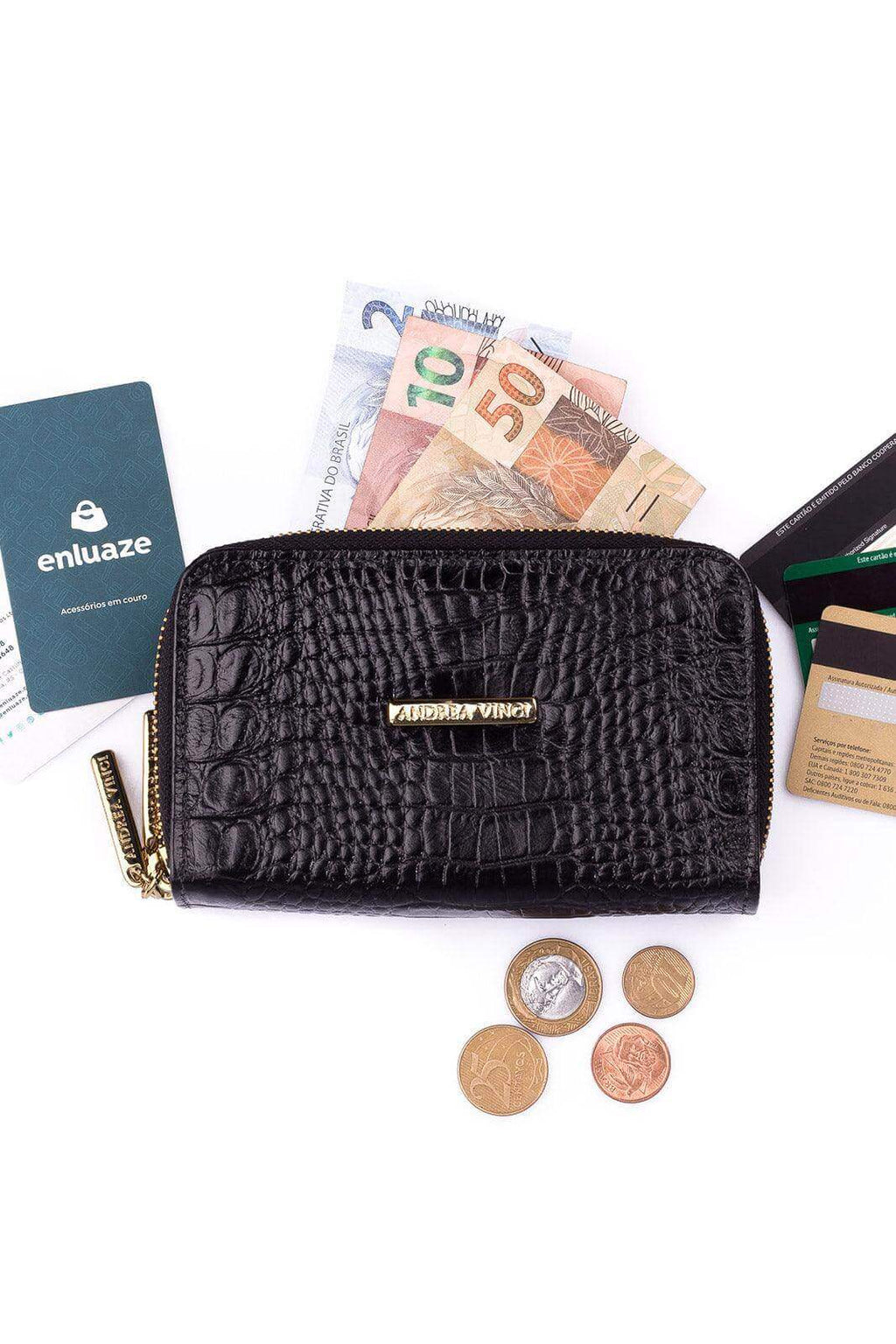 Carteira feminina de couro croco Martina 9,5x15,5cm - Enluaze