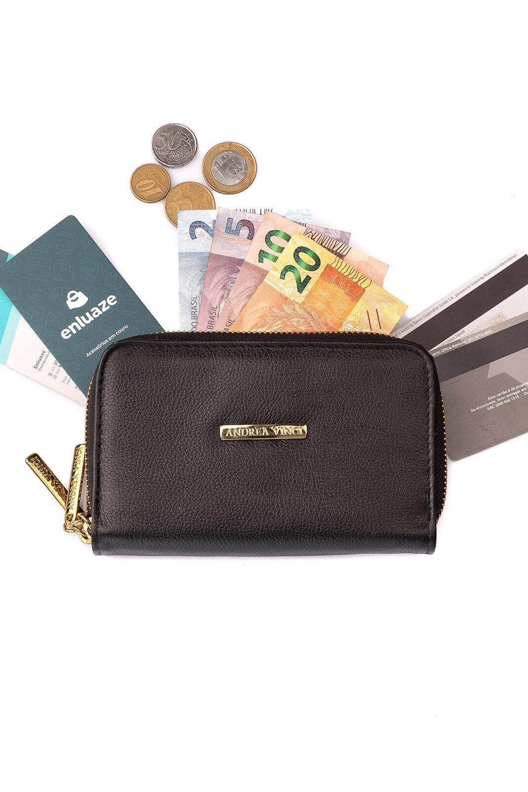 Carteira feminina de couro liso Martina 9,5x15,5cm - Enluaze