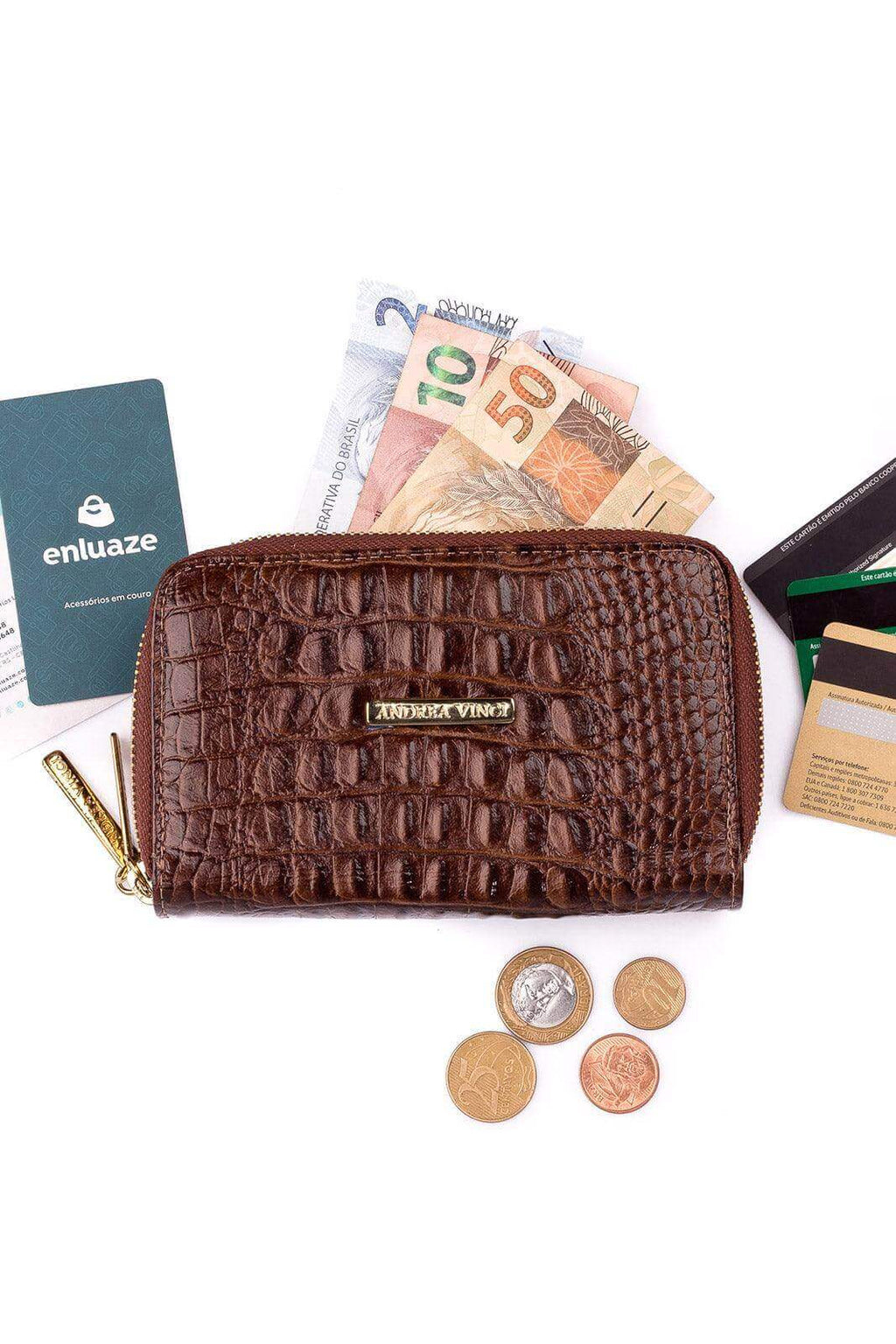 Carteira feminina de couro croco Martina 9,5x15,5cm - Enluaze