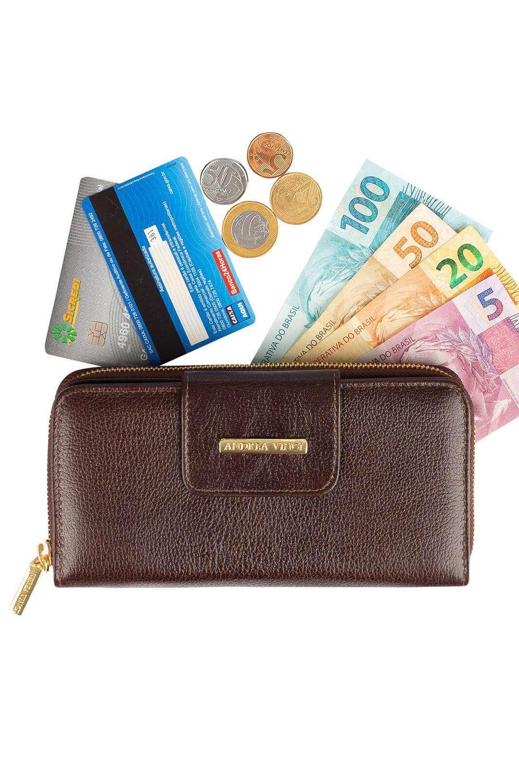 Carteira feminina de couro liso Cindy 9,5x19cm - Enluaze