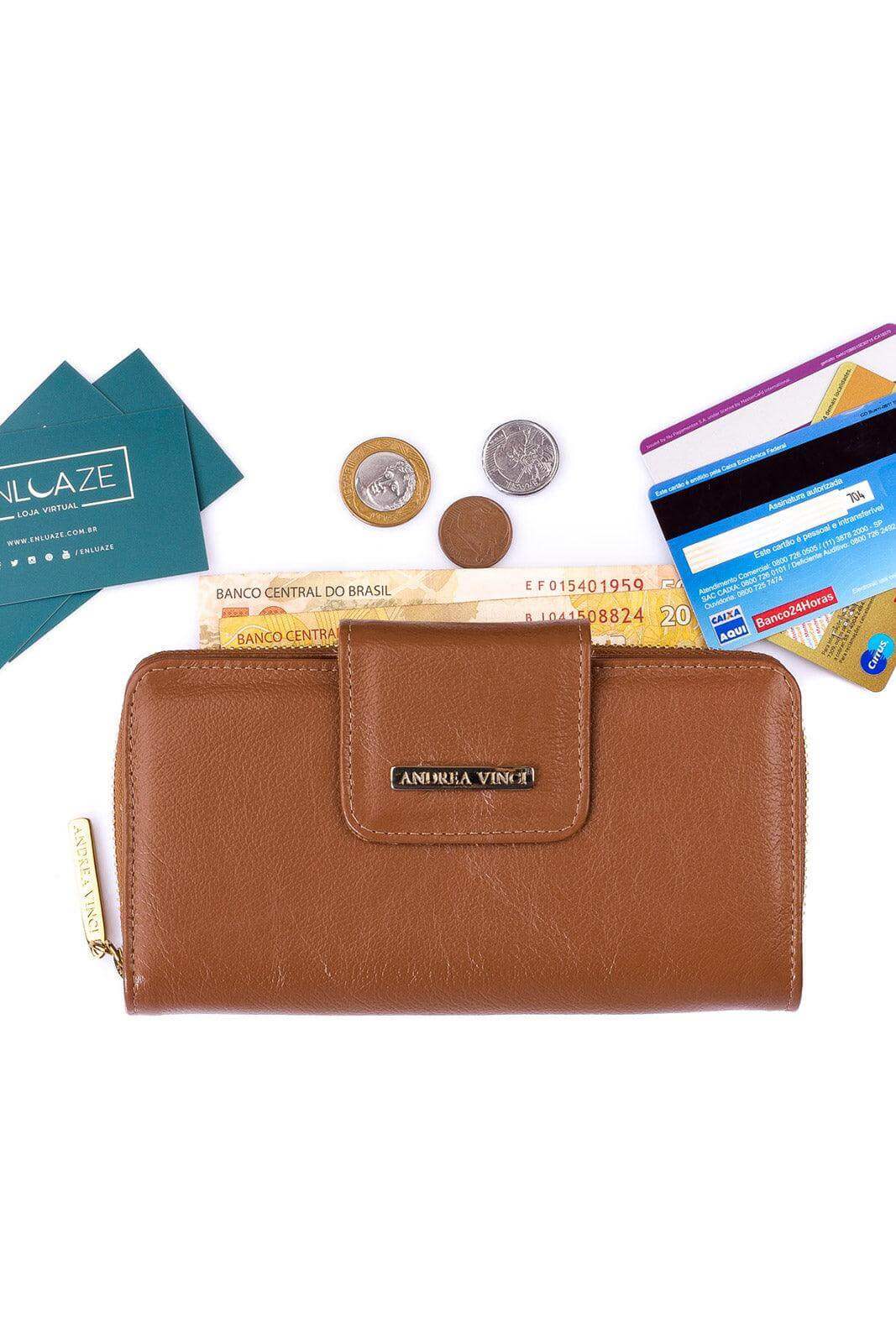Carteira feminina de couro liso Cindy 9,5x19cm - Enluaze