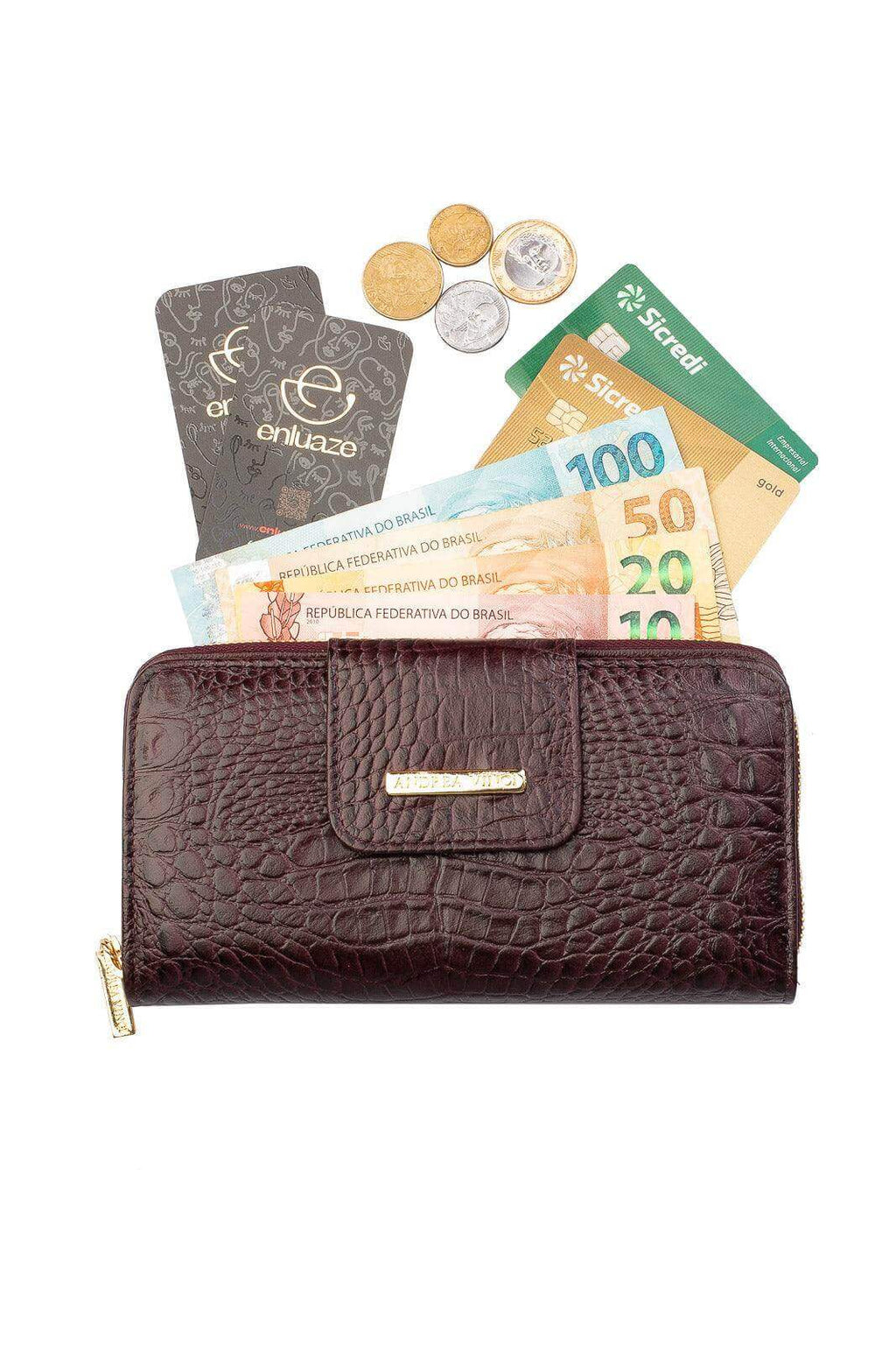 Carteira feminina de couro croco Cindy 9,5x19cm - Enluaze