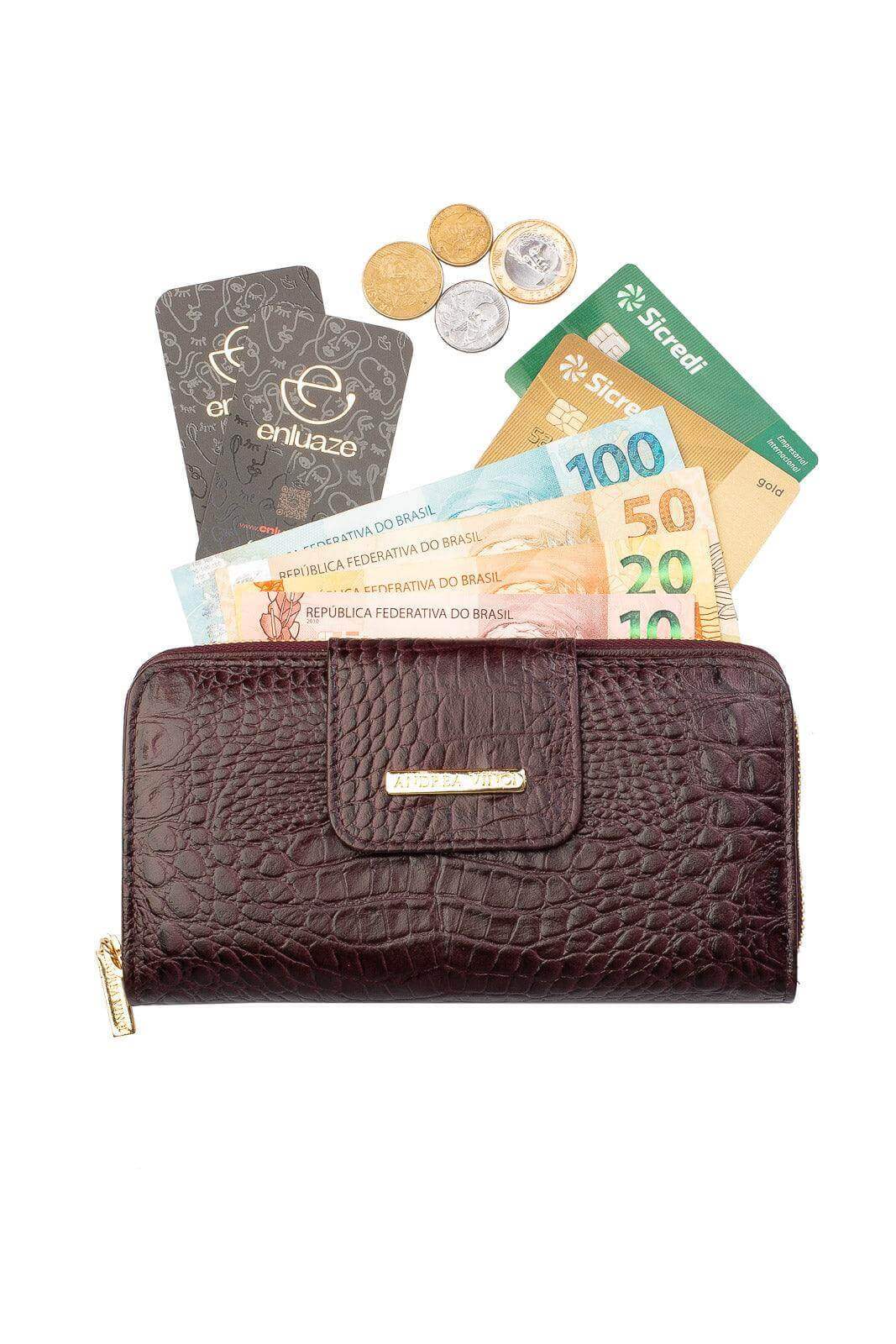 Carteira feminina de couro croco Cindy 9,5x19cm - Enluaze