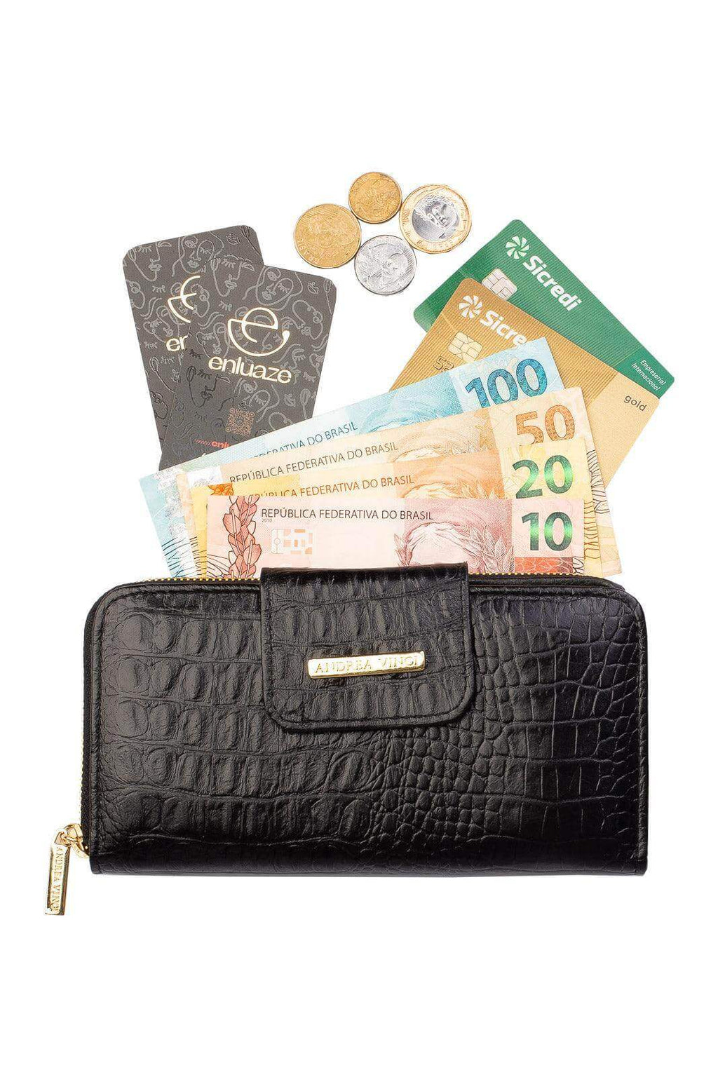 Carteira feminina de couro croco Cindy 9,5x19cm - Enluaze