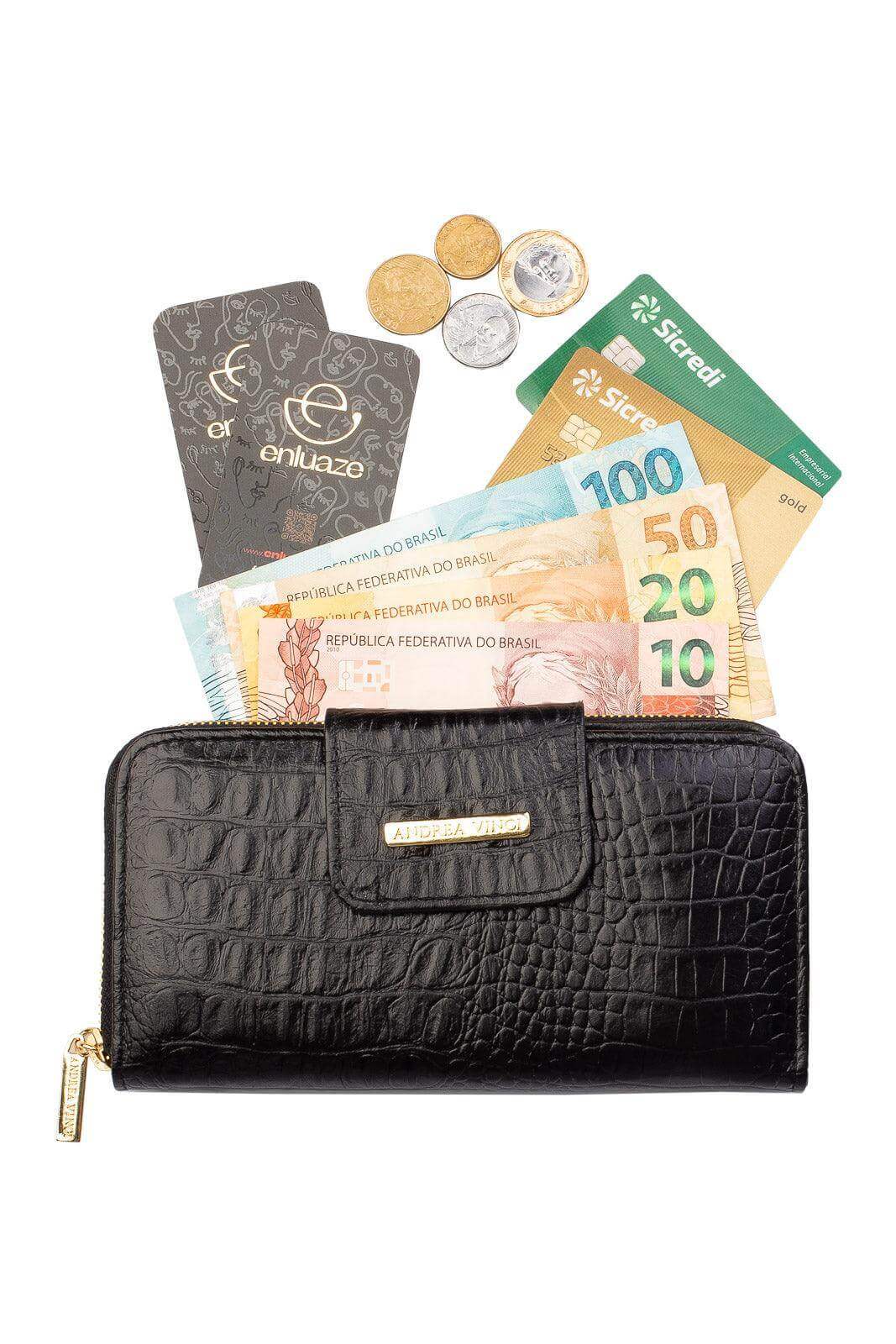 Carteira feminina de couro croco Cindy 9,5x19cm - Enluaze