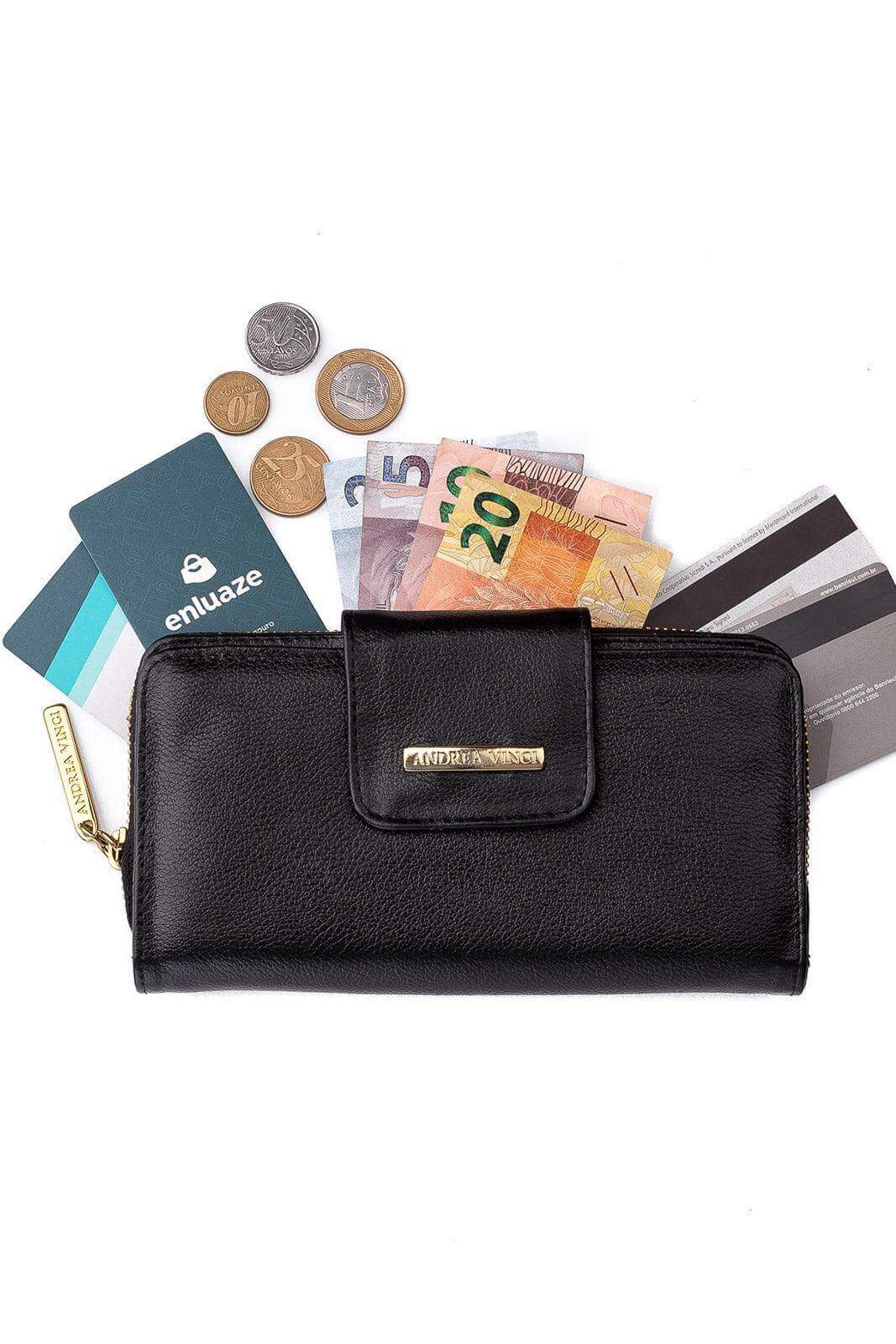 Carteira feminina de couro liso Cindy 9,5x19cm - Enluaze