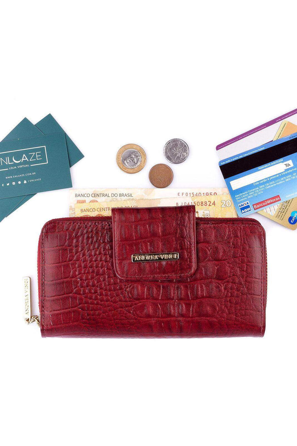 Carteira feminina de couro croco Cindy 9,5x19cm - Enluaze