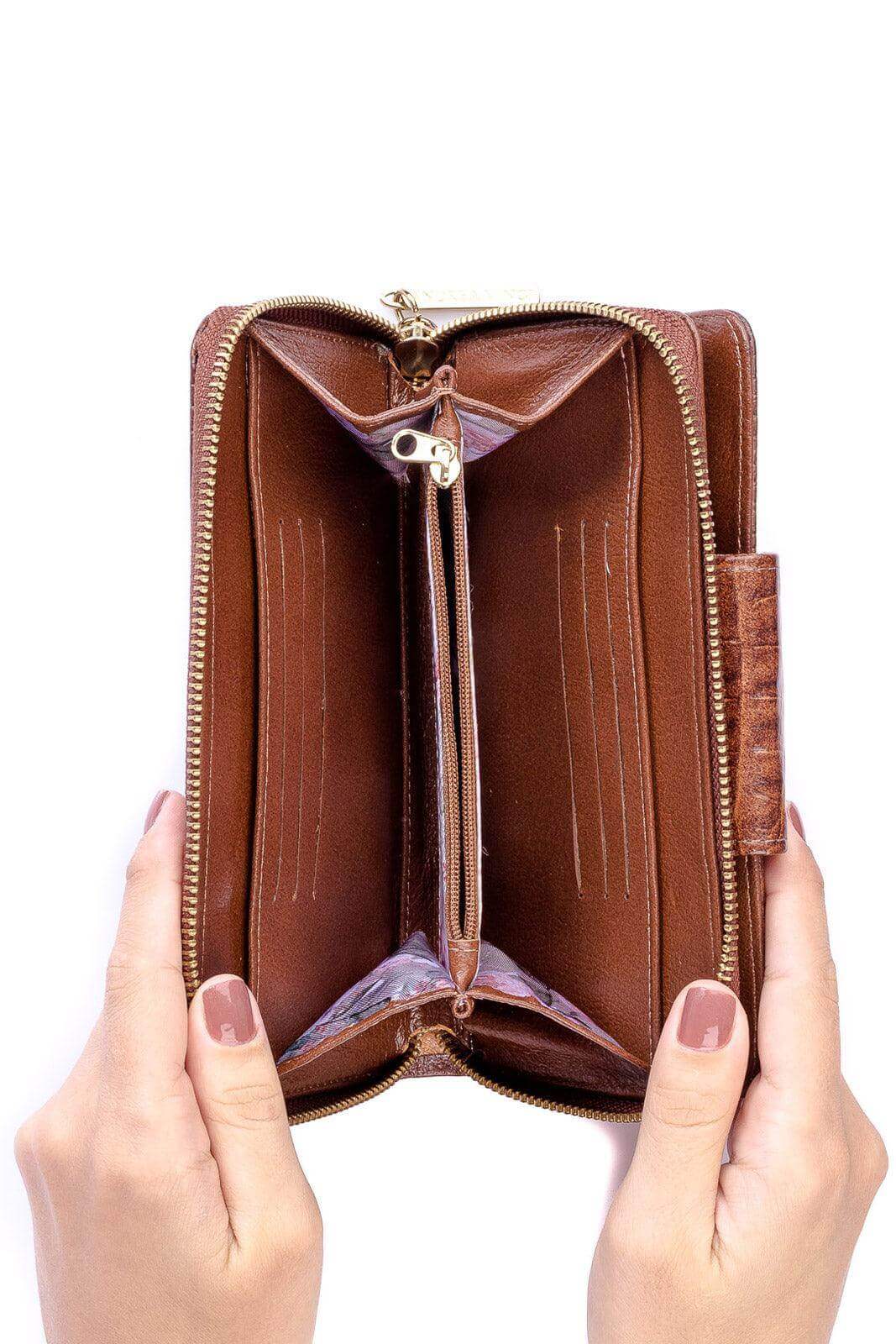 Carteira feminina de couro croco Cindy 9,5x19cm - Enluaze