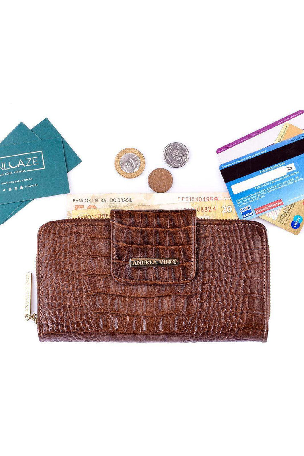 Carteira feminina de couro croco Cindy 9,5x19cm - Enluaze