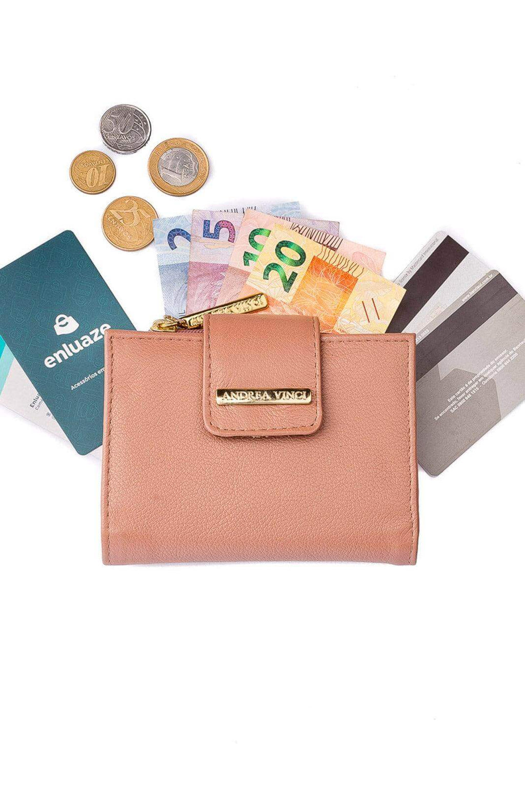 Carteira feminina de couro liso Linna 11x13cm - Enluaze