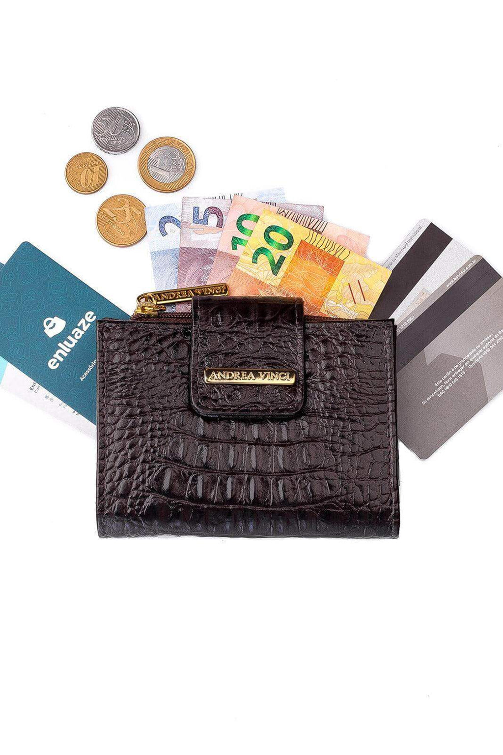 Carteira feminina de couro croco Linna 11x13cm - Enluaze