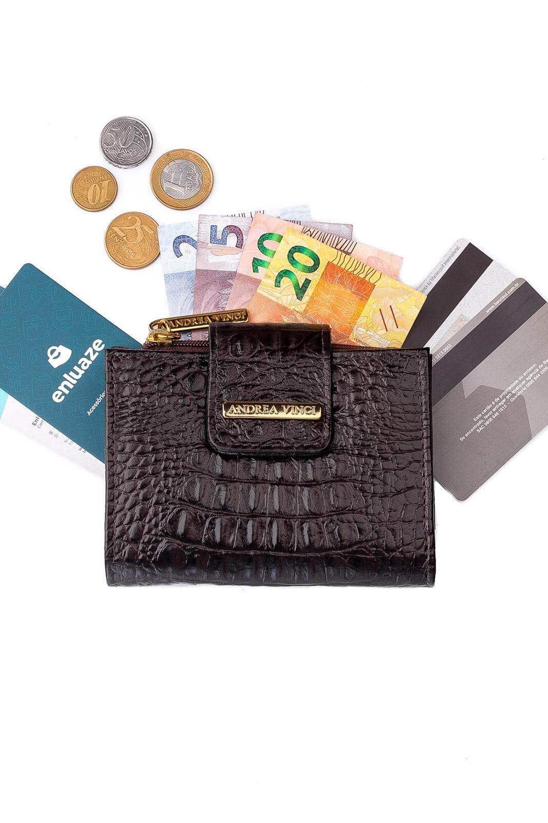 Carteira feminina de couro croco Linna 11x13cm - Enluaze
