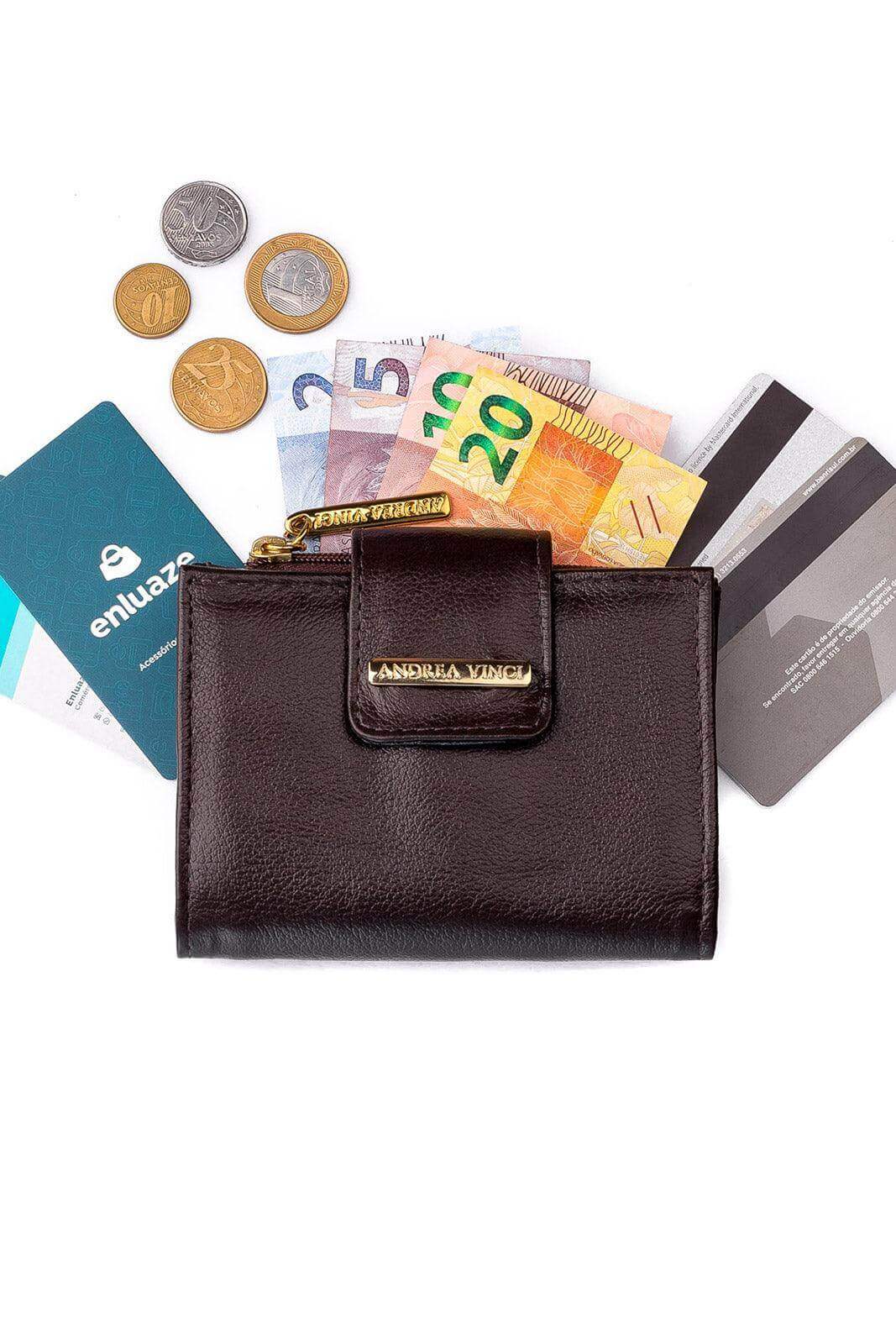 Carteira feminina de couro liso Linna 11x13cm - Enluaze