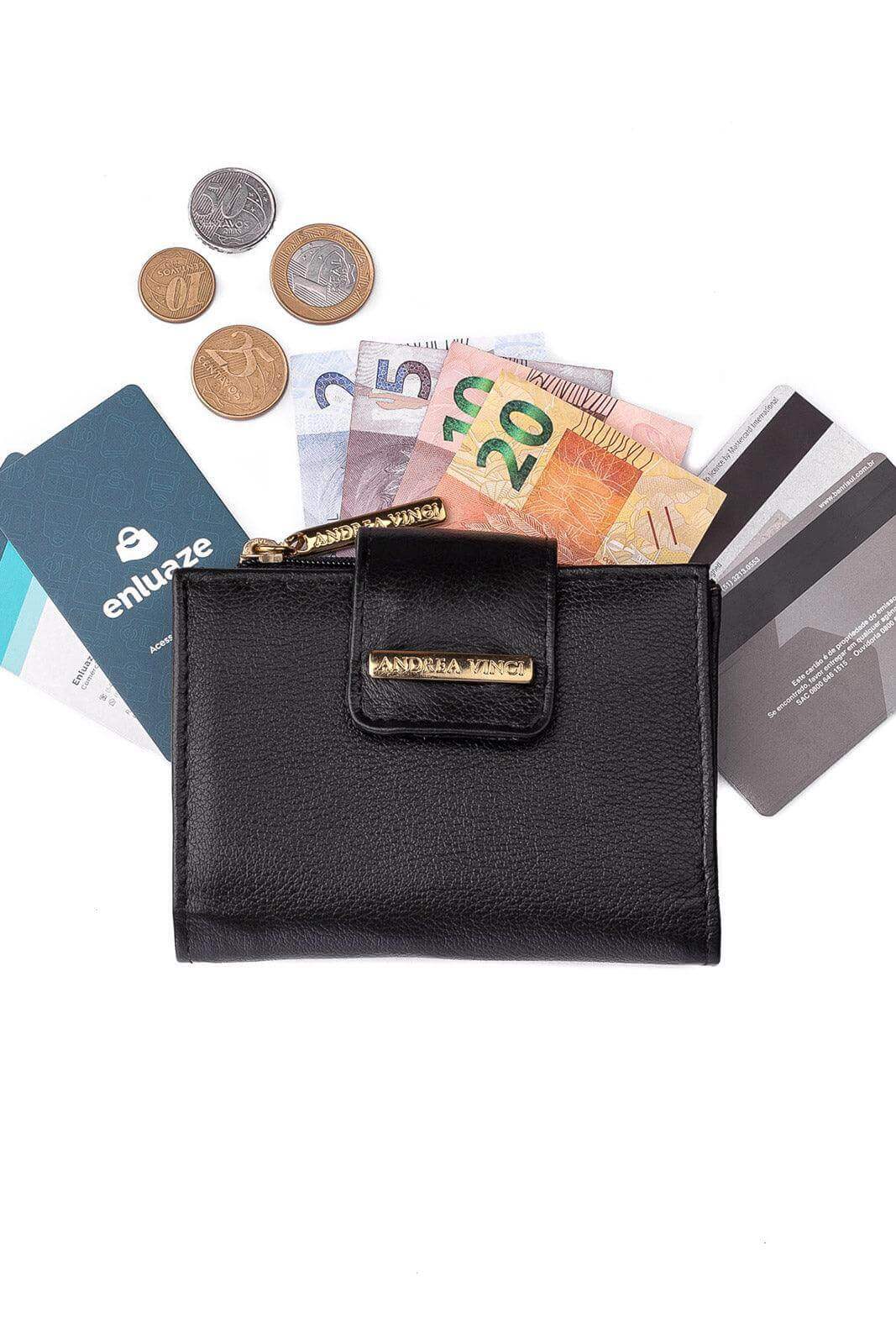 Carteira feminina de couro liso Linna 11x13cm - Enluaze
